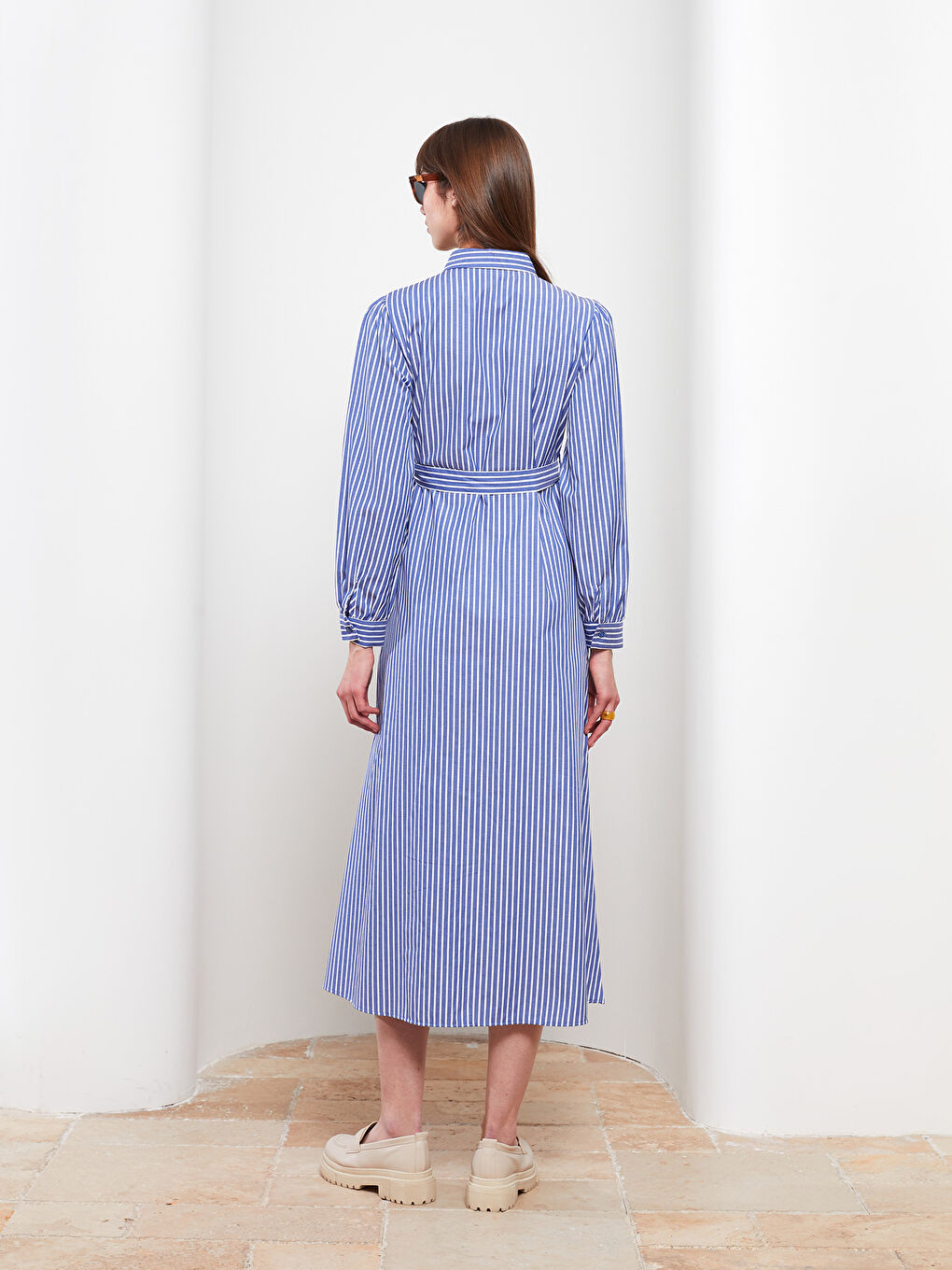 Mavi Çizgili Uzun Kollu Poplin Kadın Gömlek Elbise-3