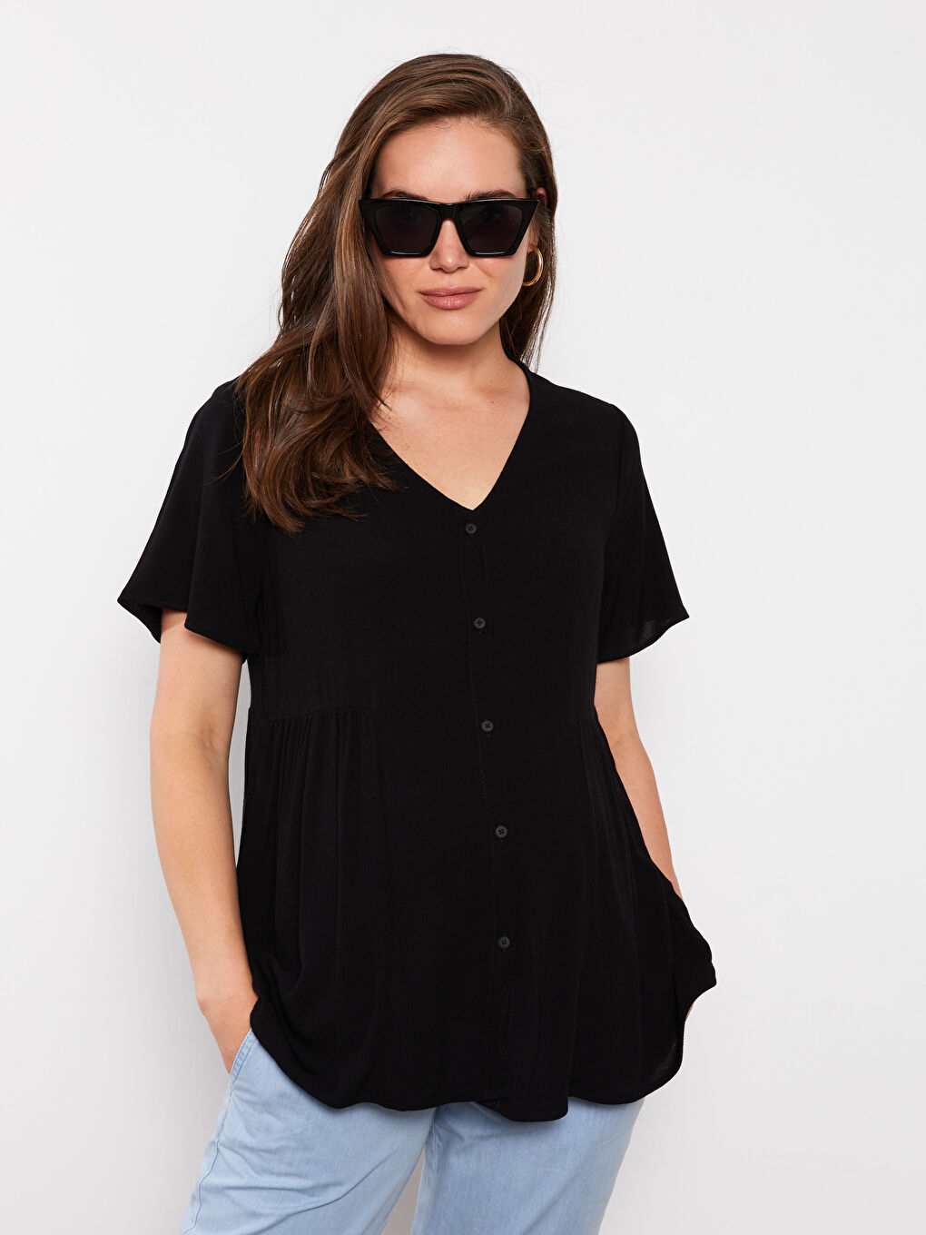 V Neck Straight Short Sleeve Viscose Maternity Shirt -S2IN86Z8-CVL