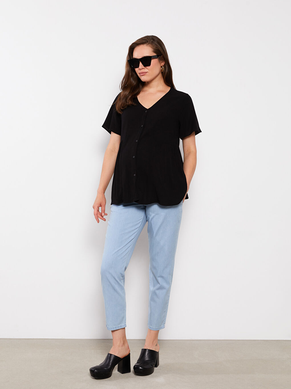 V Neck Straight Short Sleeve Viscose Maternity Shirt -S2IN86Z8-CVL