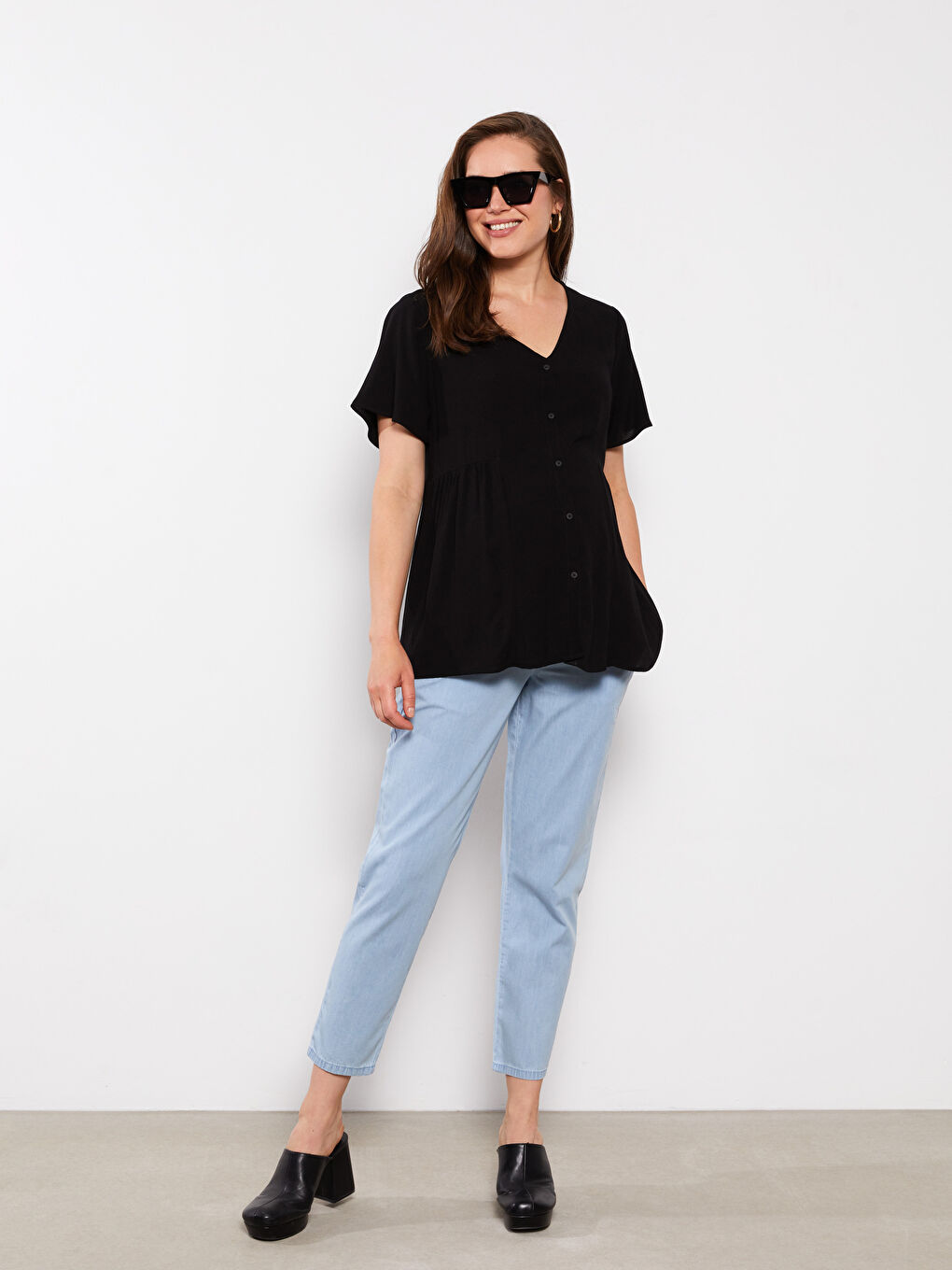 V Neck Straight Short Sleeve Viscose Maternity Shirt -S2IN86Z8-CVL