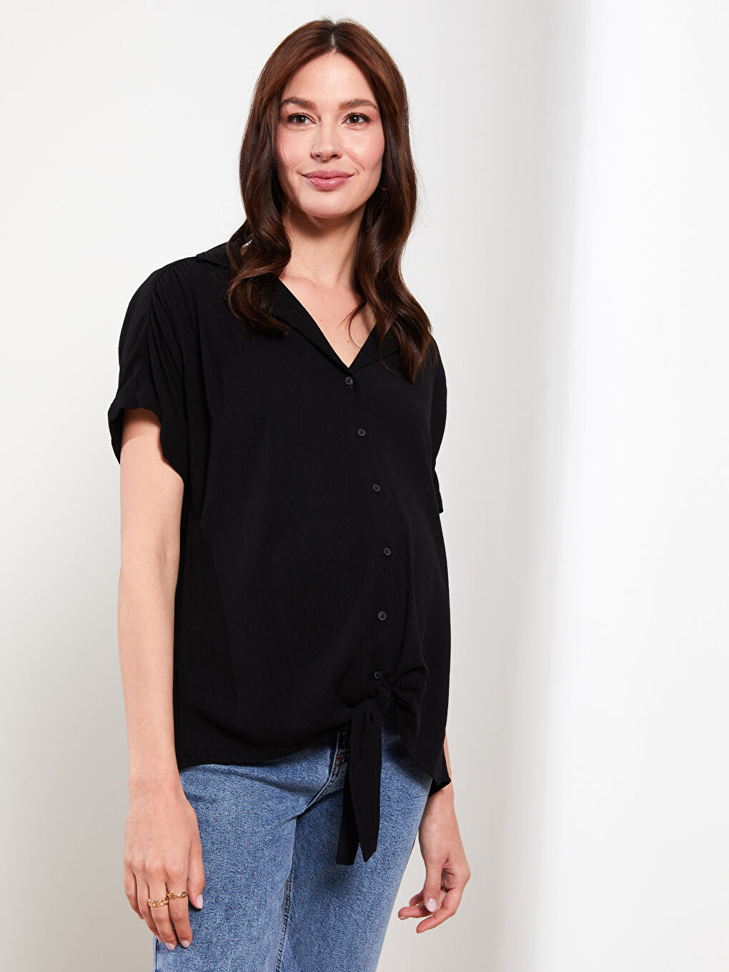 Front Button Closure Plain Short Sleeve Crinkle Fabric Maternity Shirt-1