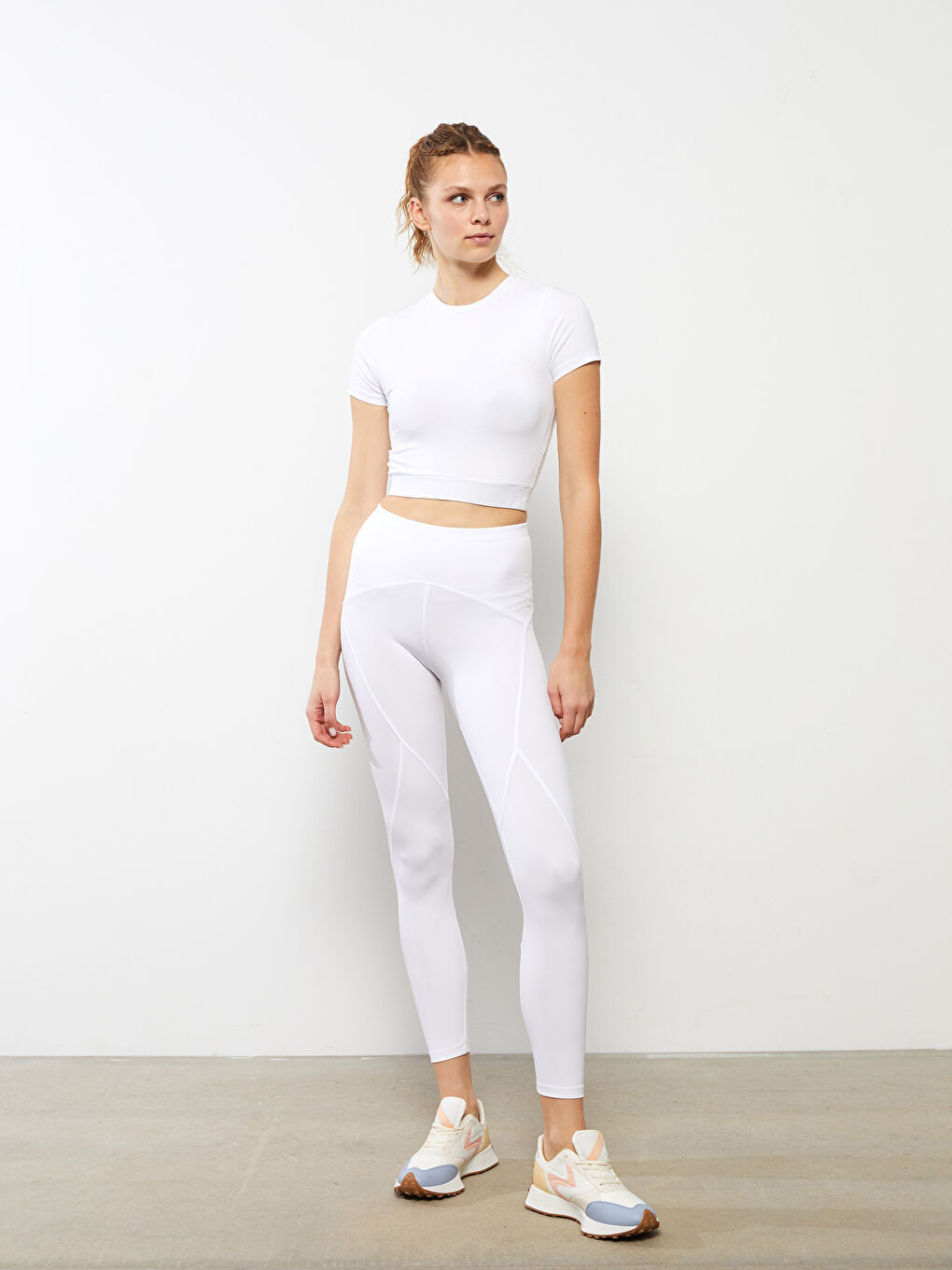 Beyaz Kadın Beli Lastikli Düz Spor Tayt