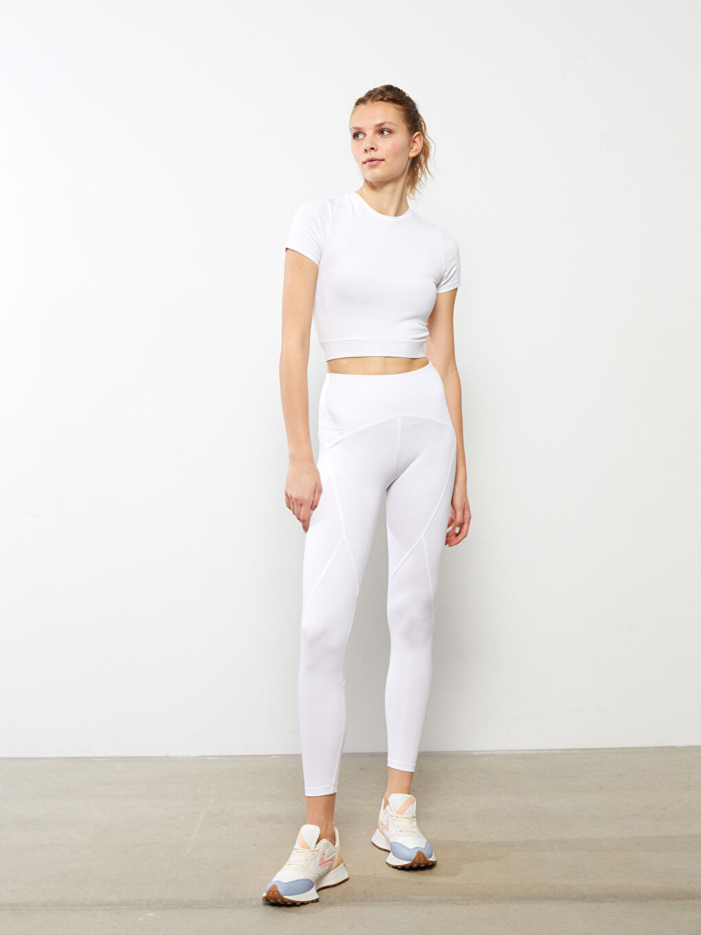 Beyaz Kadın Beli Lastikli Düz Spor Tayt-1