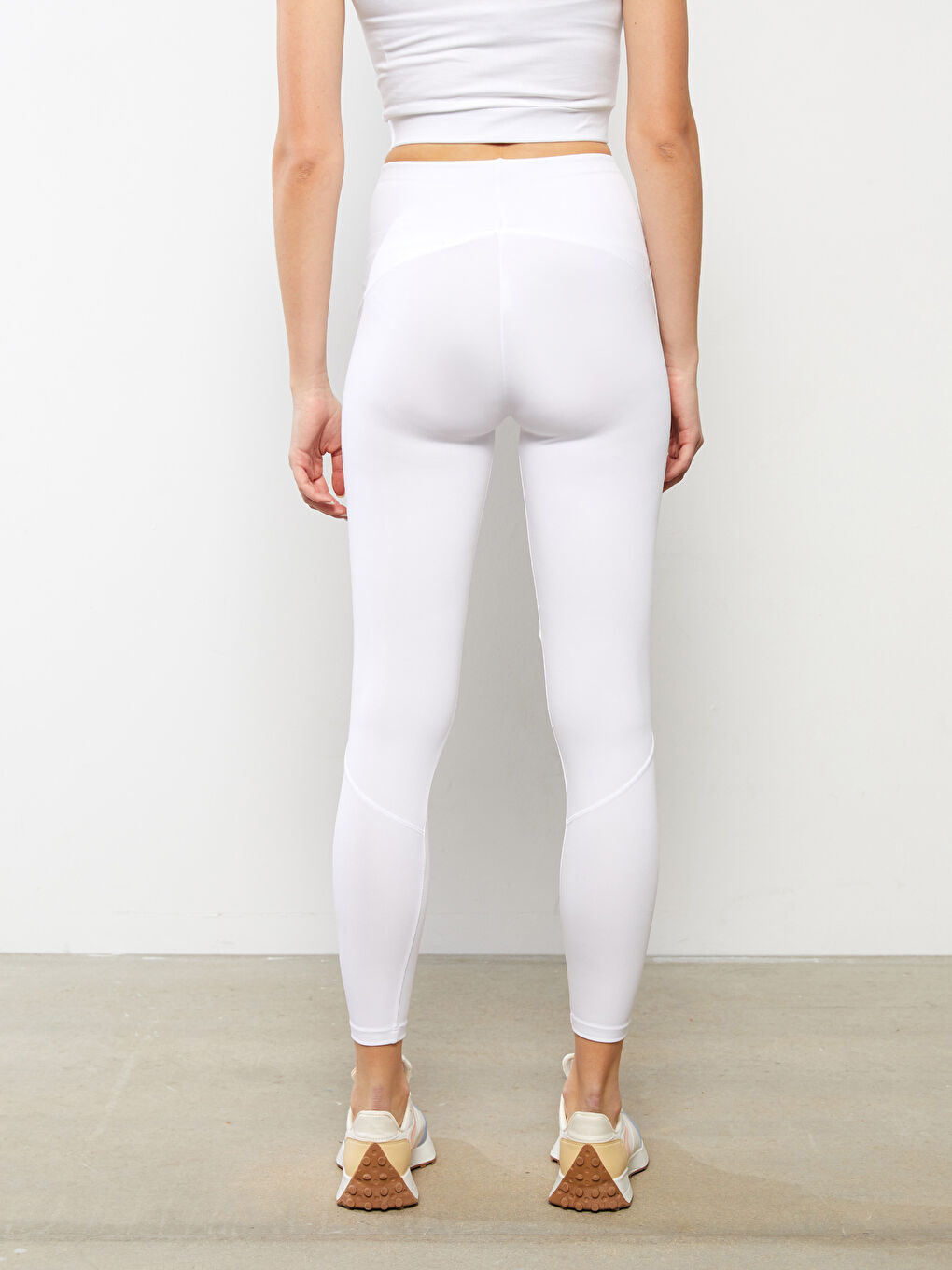 Beyaz Kadın Beli Lastikli Düz Spor Tayt-4