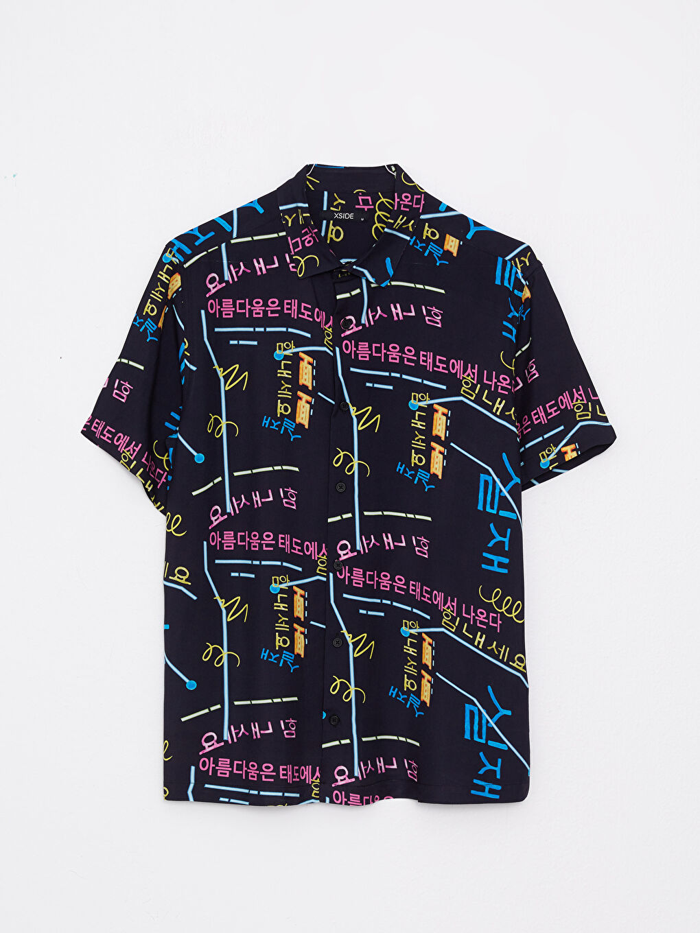 Siyah Regular Fit Kısa Kollu Desenli Viskon Erkek Gömlek-5