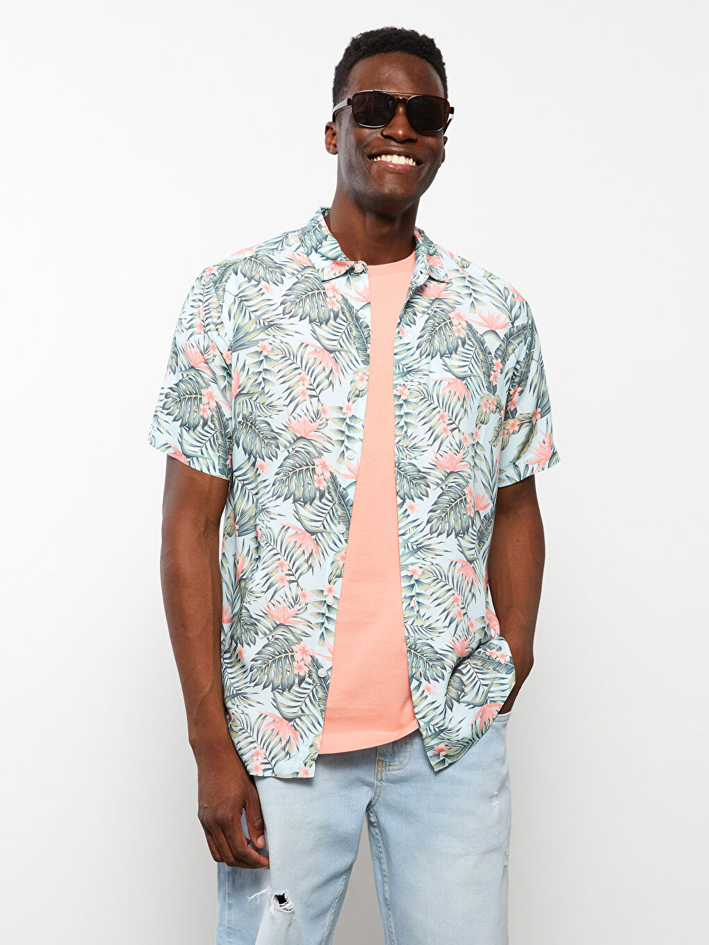 Turkuaz Regular Fit Kısa Kollu Desenli Viskon Erkek Gömlek-5