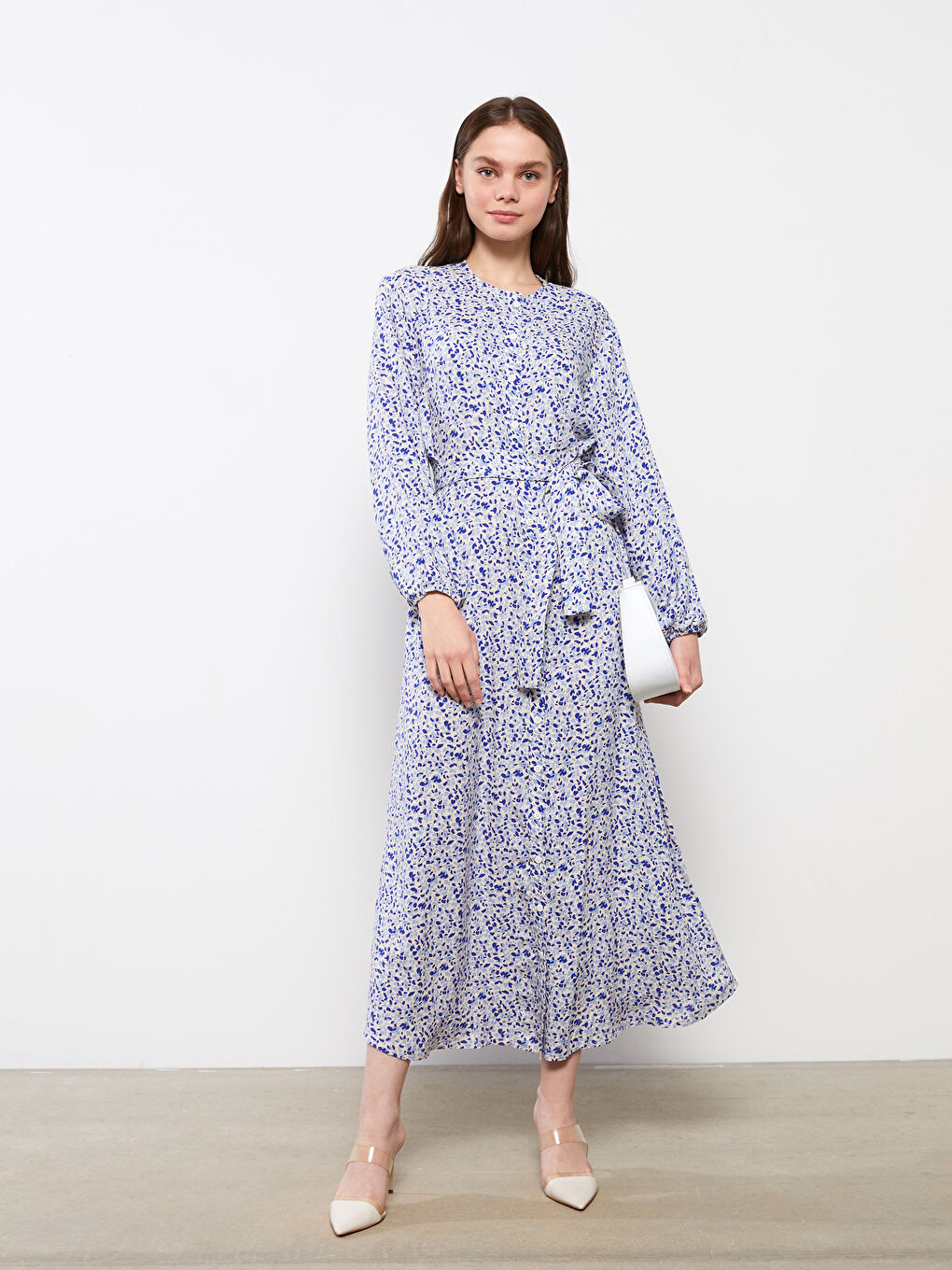 Mavi Bisiklet Yaka Desenli Uzun Kollu Viskon Kadın Elbise