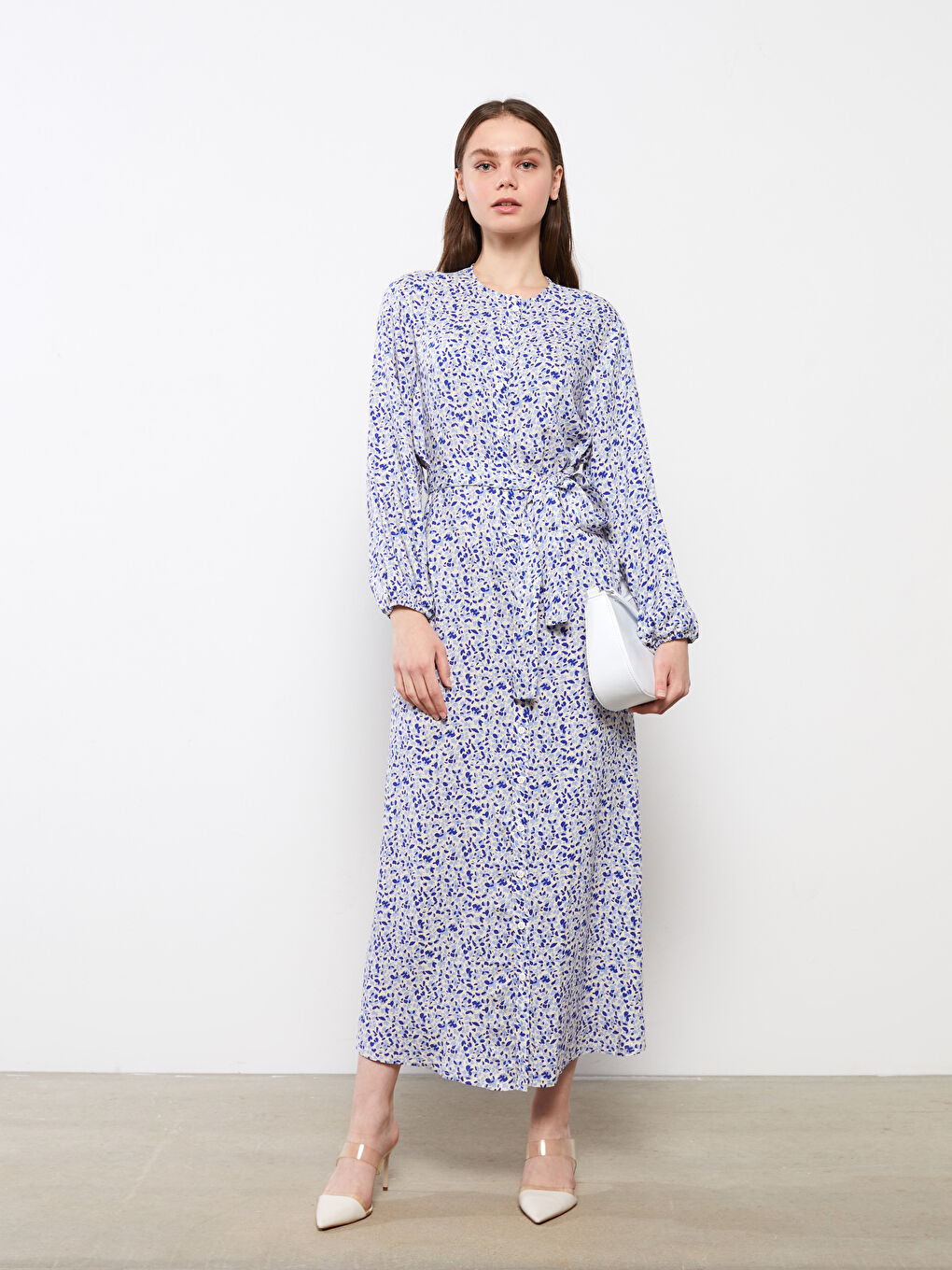 Mavi Bisiklet Yaka Desenli Uzun Kollu Viskon Kadın Elbise-1