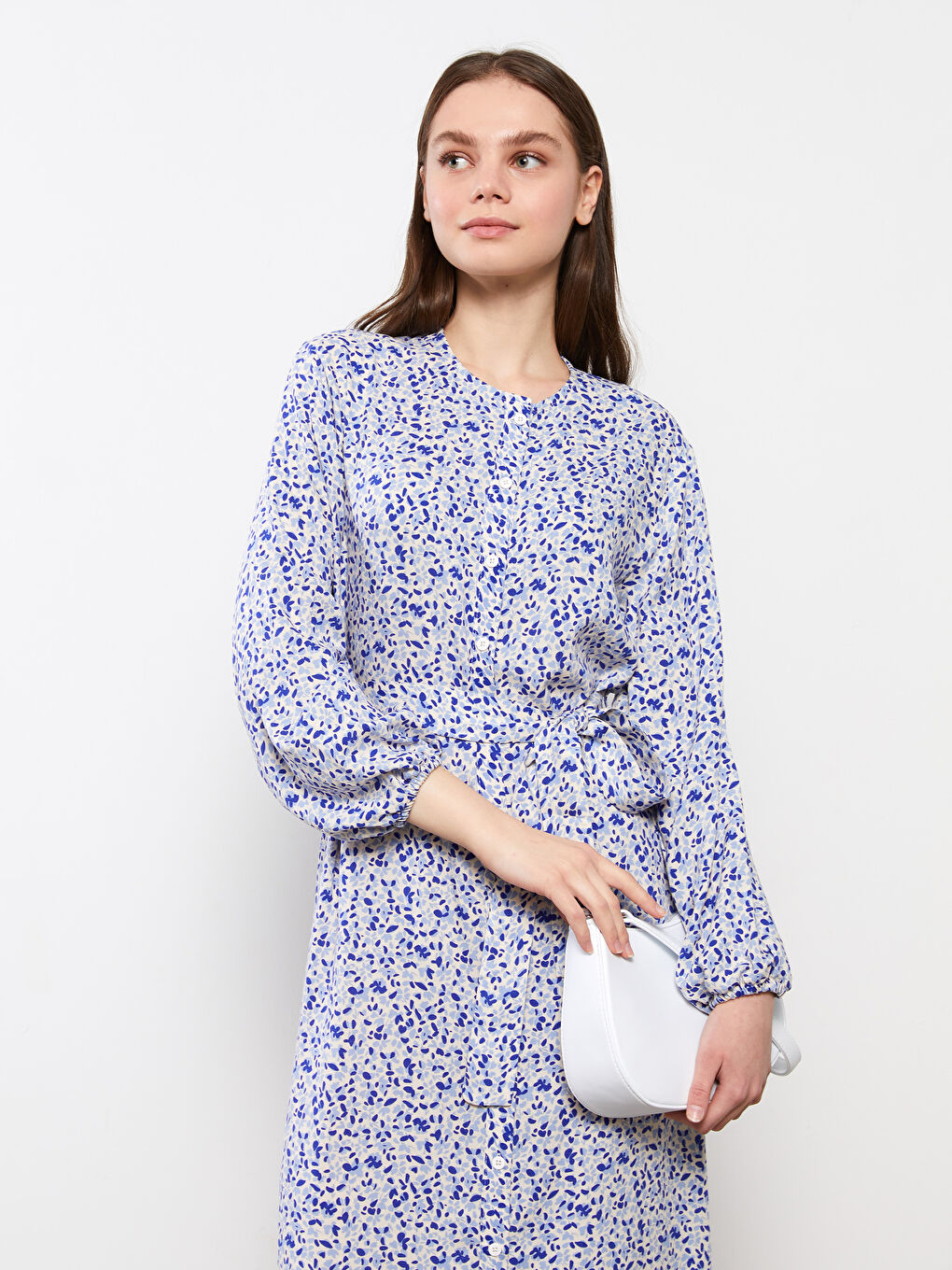 Mavi Bisiklet Yaka Desenli Uzun Kollu Viskon Kadın Elbise-2