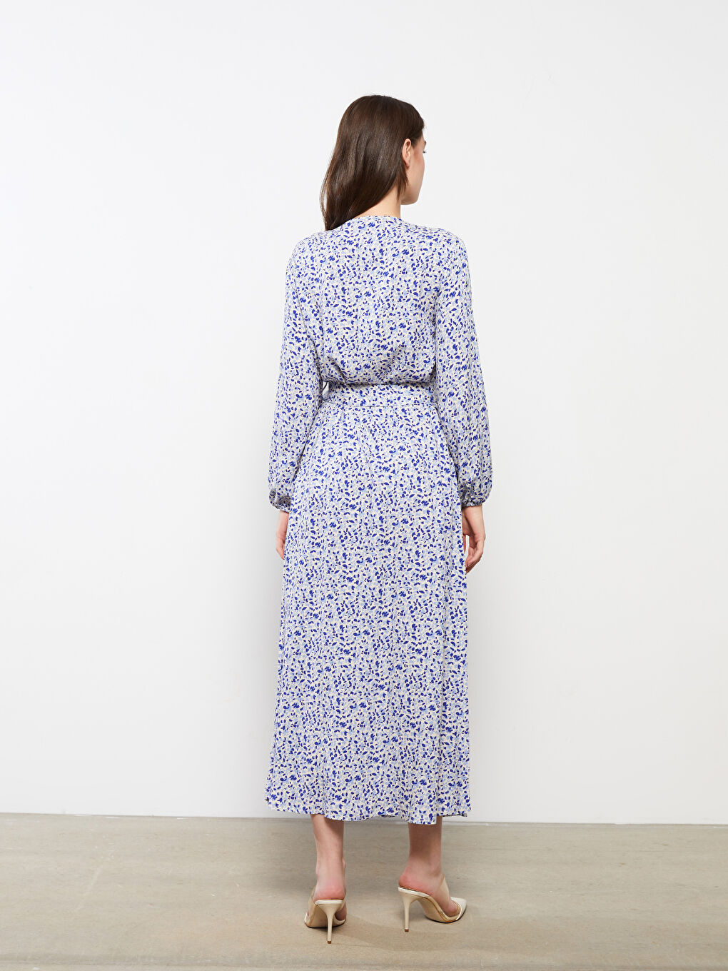 Mavi Bisiklet Yaka Desenli Uzun Kollu Viskon Kadın Elbise-4