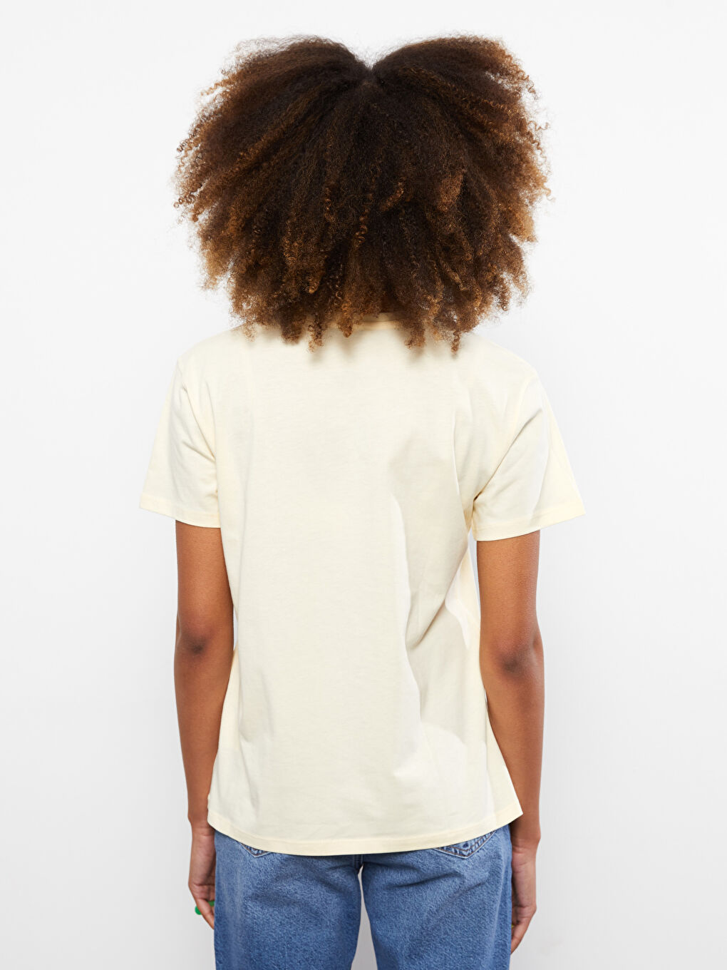 Bej Bisiklet Yaka Baskılı Kısa Kollu Pamuklu Kadın Tişört-5