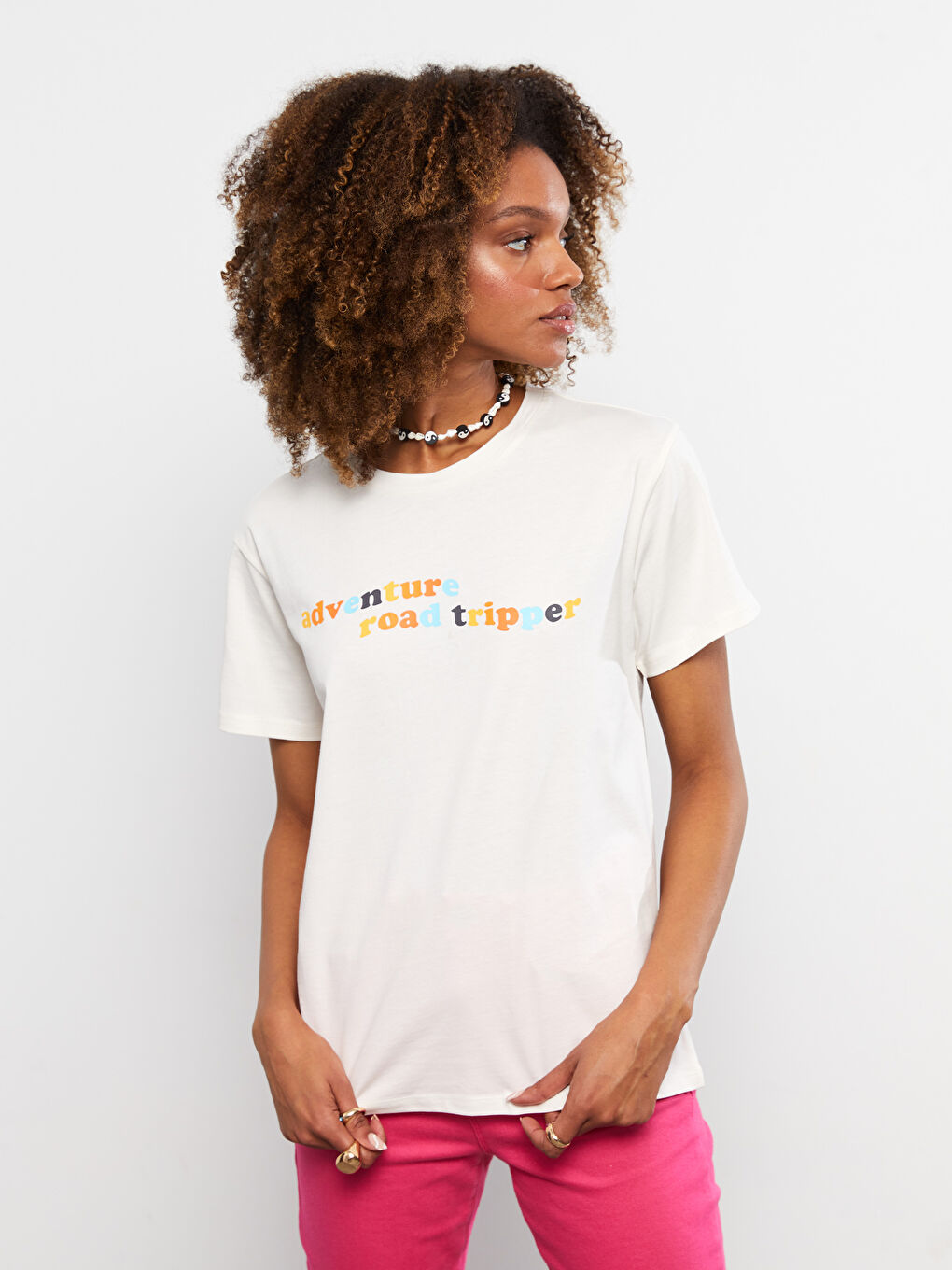 T-shirt en Coton à Manches Courtes avec Imprimé Lettre et Col Rond pour Femmes-1