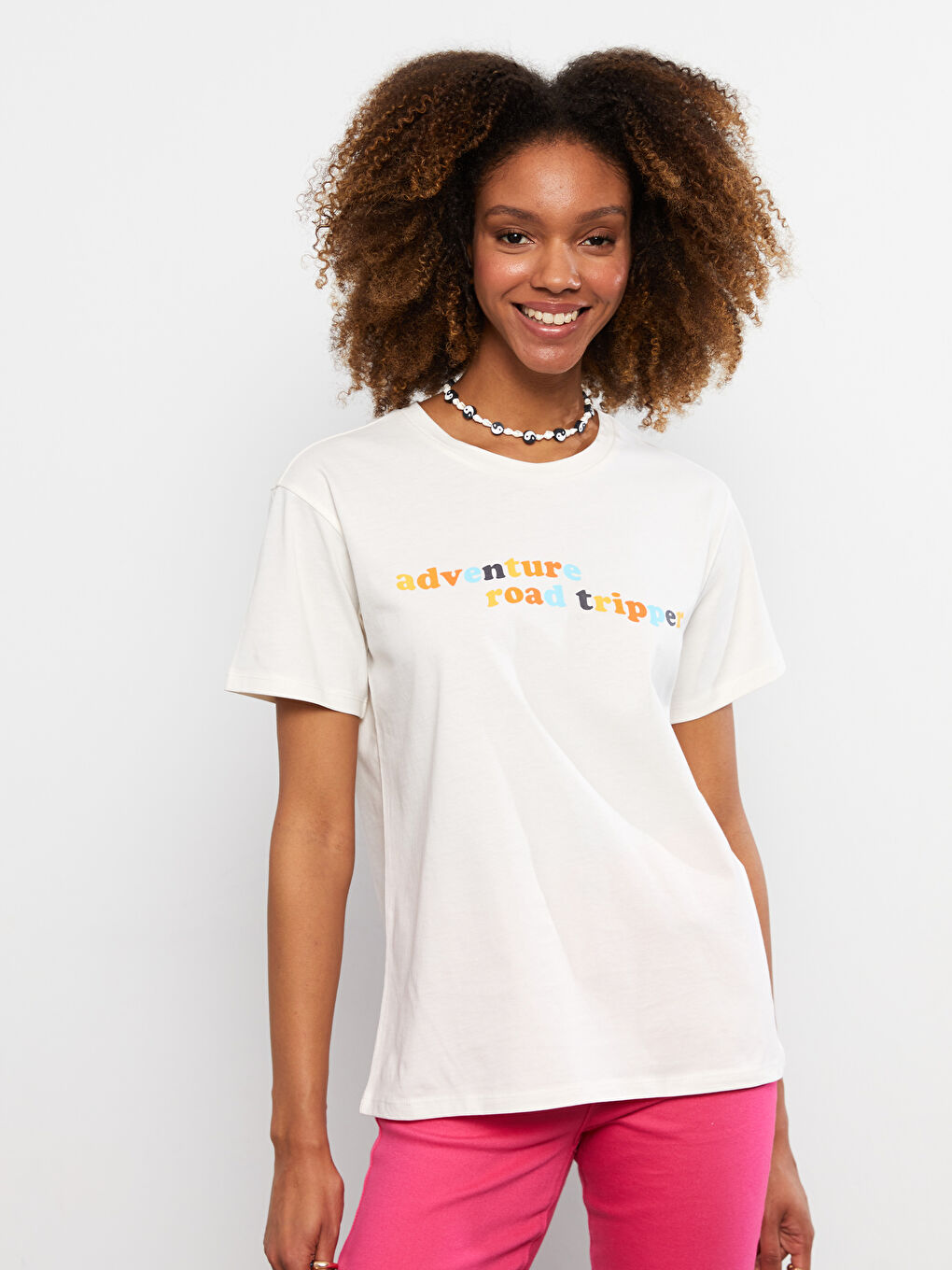 T-shirt en Coton à Manches Courtes avec Imprimé Lettre et Col Rond pour Femmes-2