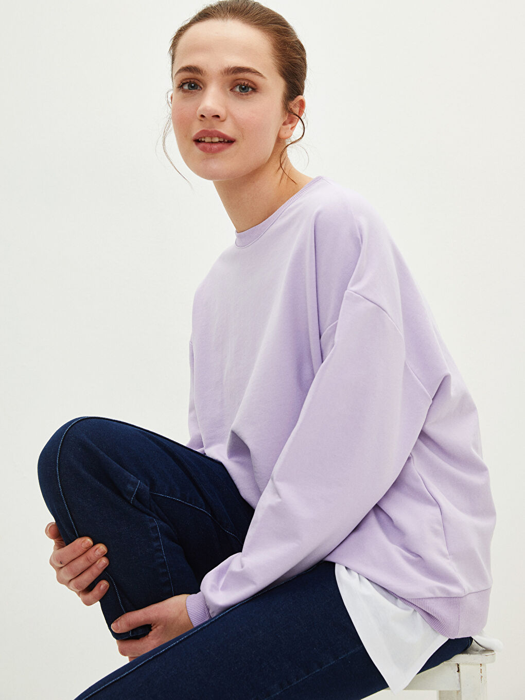 تونيك سويتشيرت كم طويل سادة بياقة دائرية للسيدات