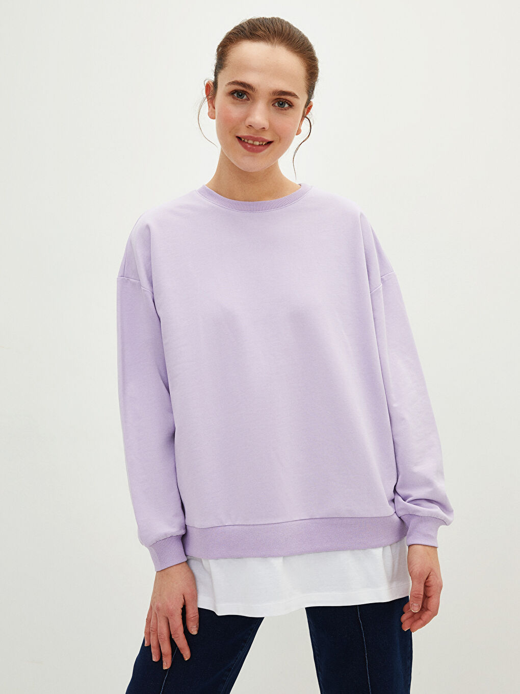 تونيك سويتشيرت كم طويل سادة بياقة دائرية للسيدات-1