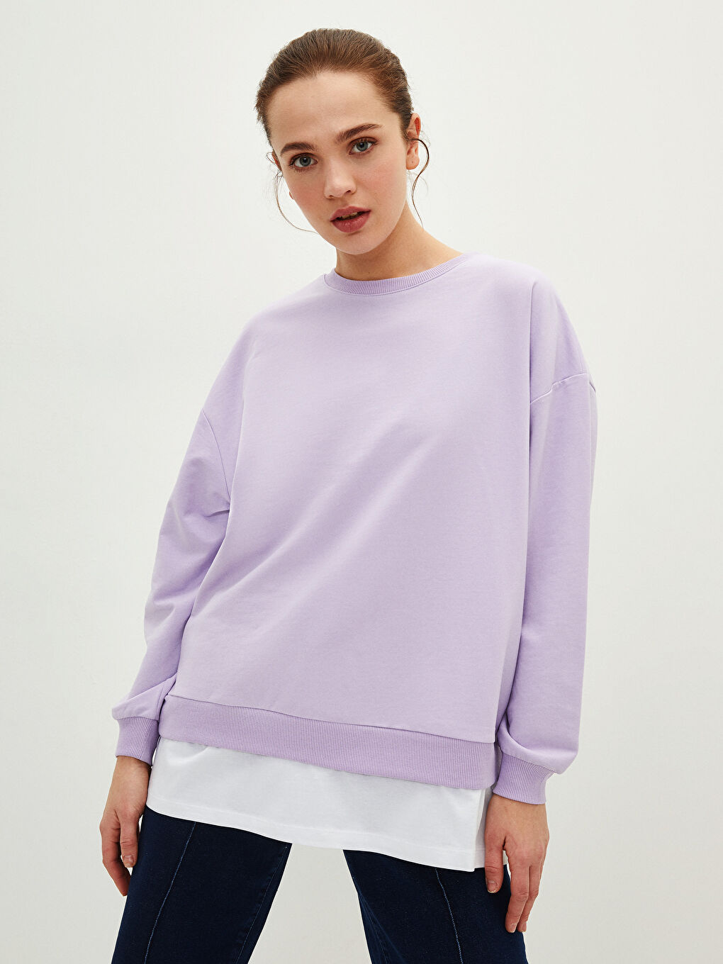 تونيك سويتشيرت كم طويل سادة بياقة دائرية للسيدات-2