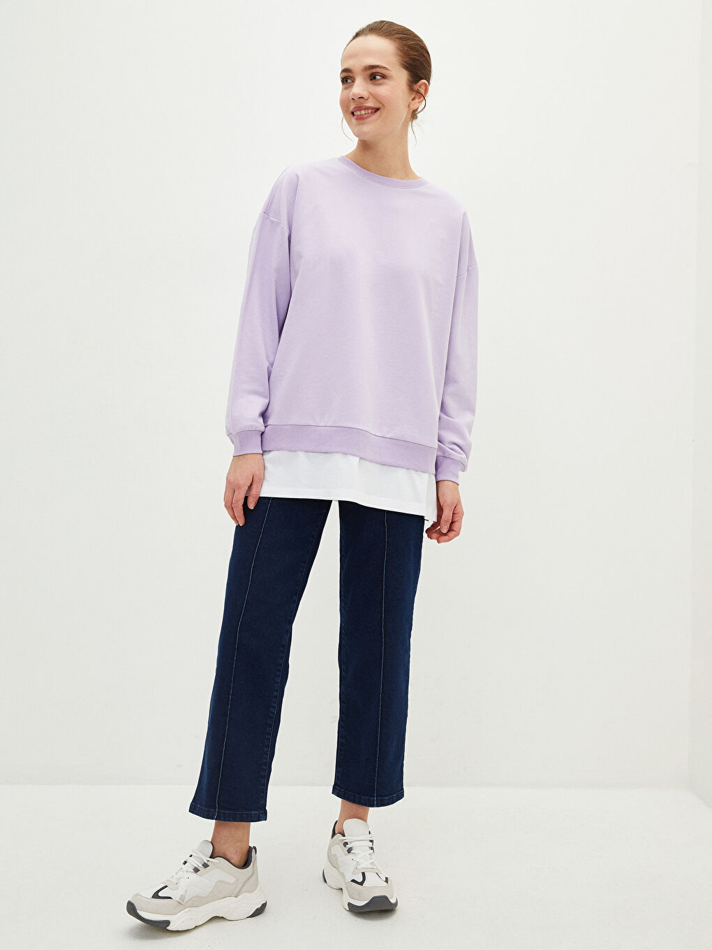 تونيك سويتشيرت كم طويل سادة بياقة دائرية للسيدات-3