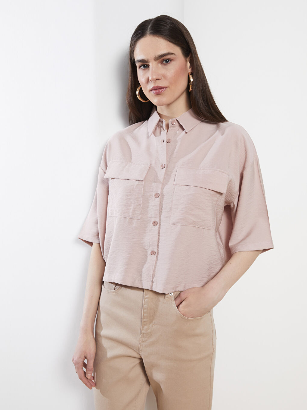 Front Button Closure Straight Short Sleeve Women's Shirt-1