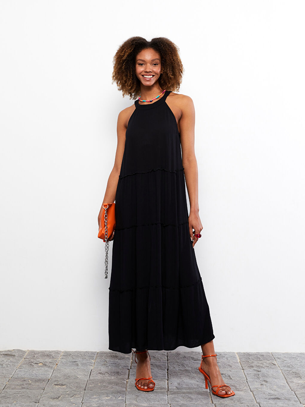 LCW Vision Halter Collar Plain Sleeveless Crinkle Fabric Women's Dress -S2IQ17Z8-CVL