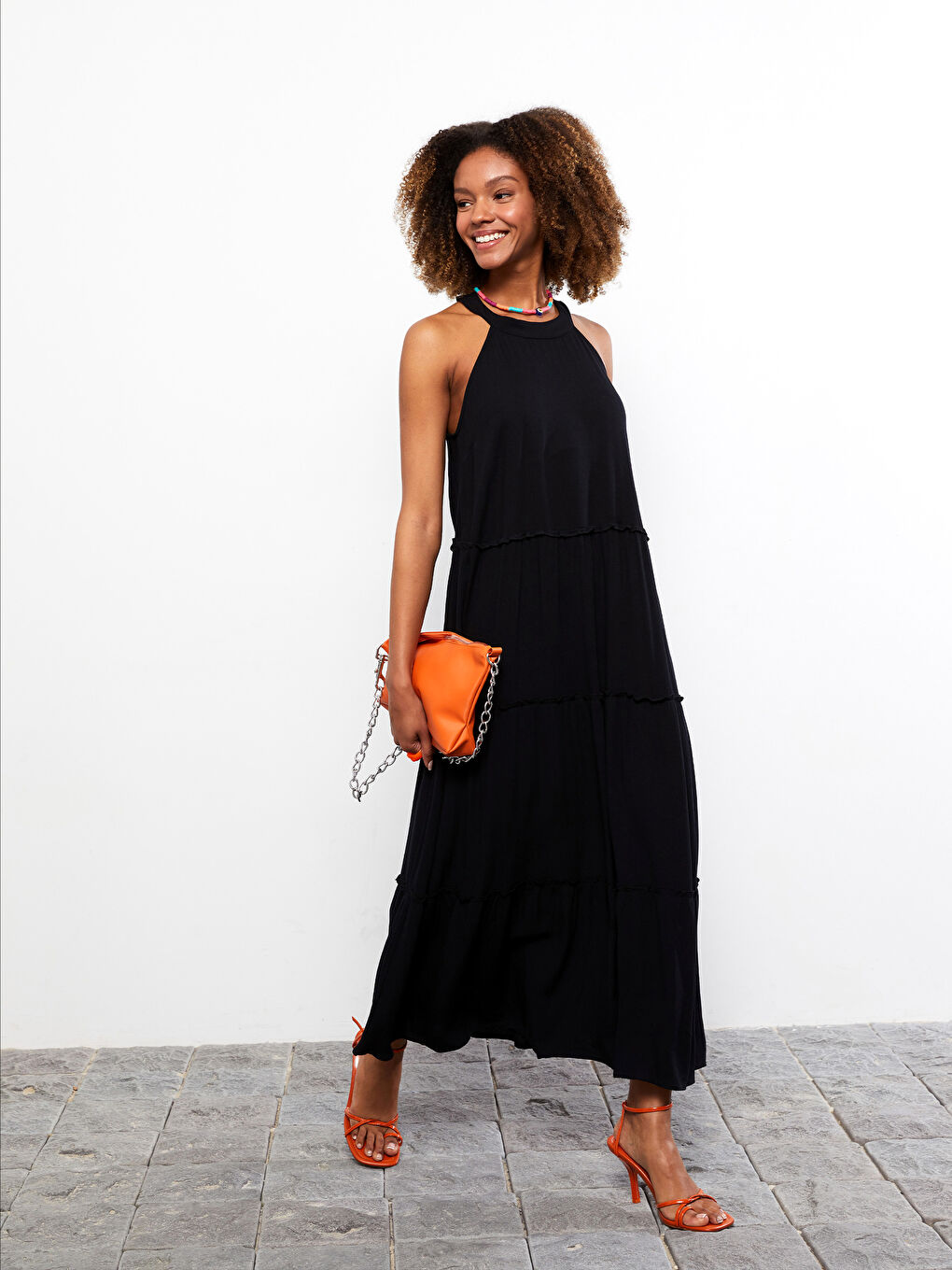 LCW Vision Halter Collar Plain Sleeveless Crinkle Fabric Women's Dress -S2IQ17Z8-CVL