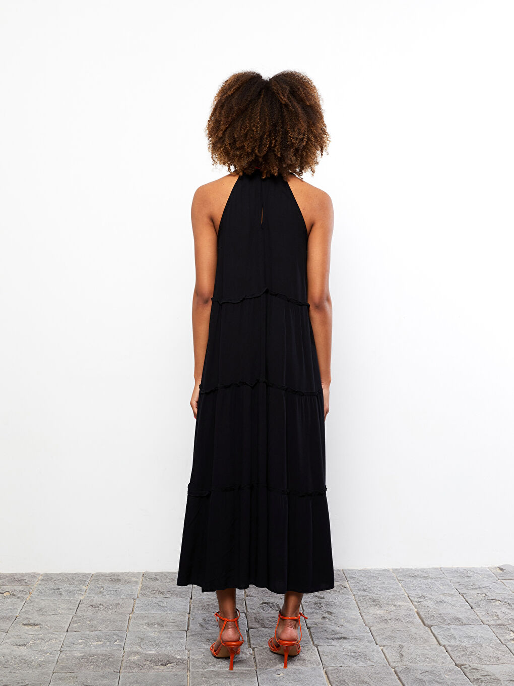 LCW Vision Halter Collar Plain Sleeveless Crinkle Fabric Women's Dress -S2IQ17Z8-CVL