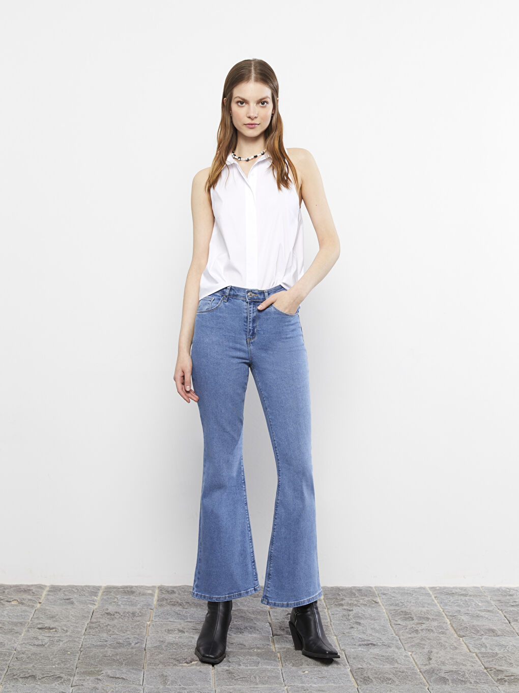 İndigo Yüksek Bel Mars Flare Kadın Jean Pantolon-1