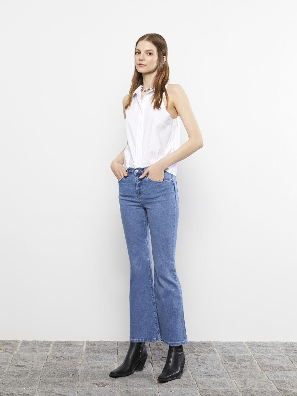 İndigo Yüksek Bel Mars Flare Kadın Jean Pantolon-2