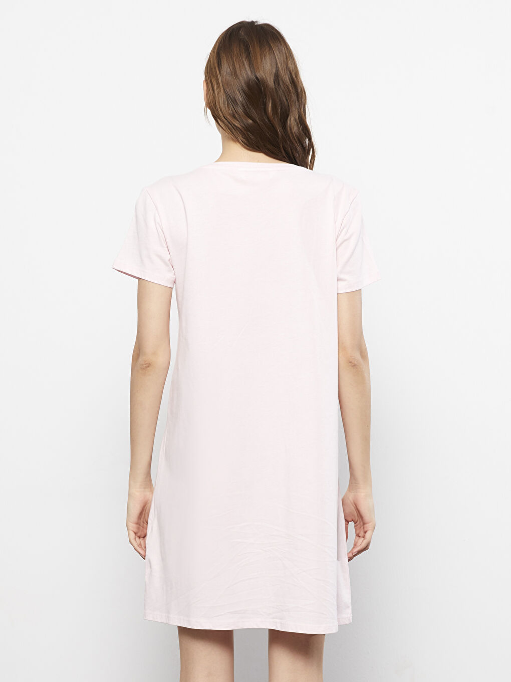 Pembe U Yaka Baskılı Kısa Kollu Pamuklu Kadın Gecelik-3