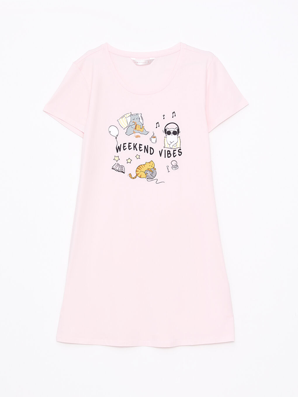 Pembe U Yaka Baskılı Kısa Kollu Pamuklu Kadın Gecelik-4