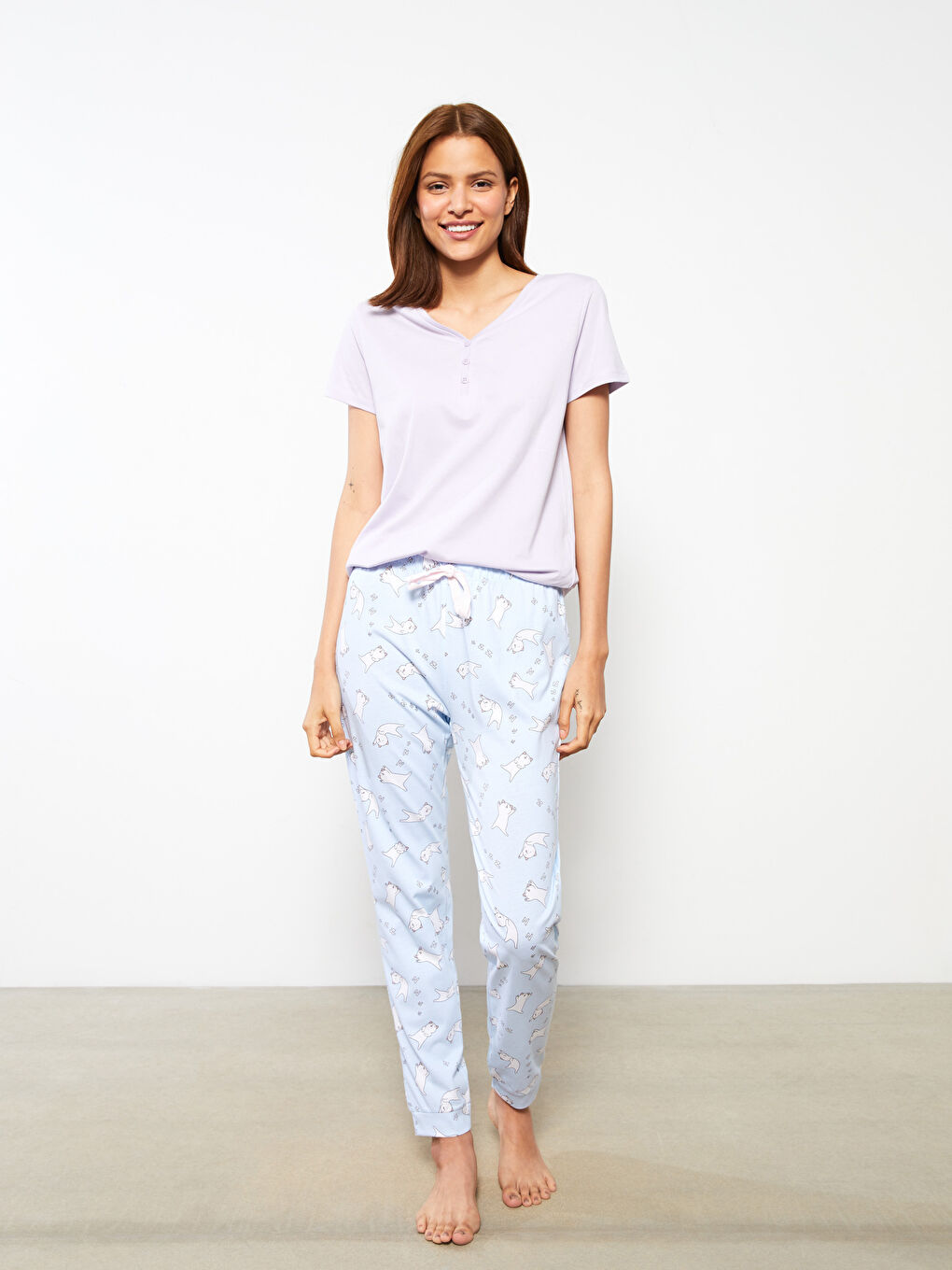 Mavi Beli Lastikli Desenli Pamuklu Kadın Jogger Pijama Altı