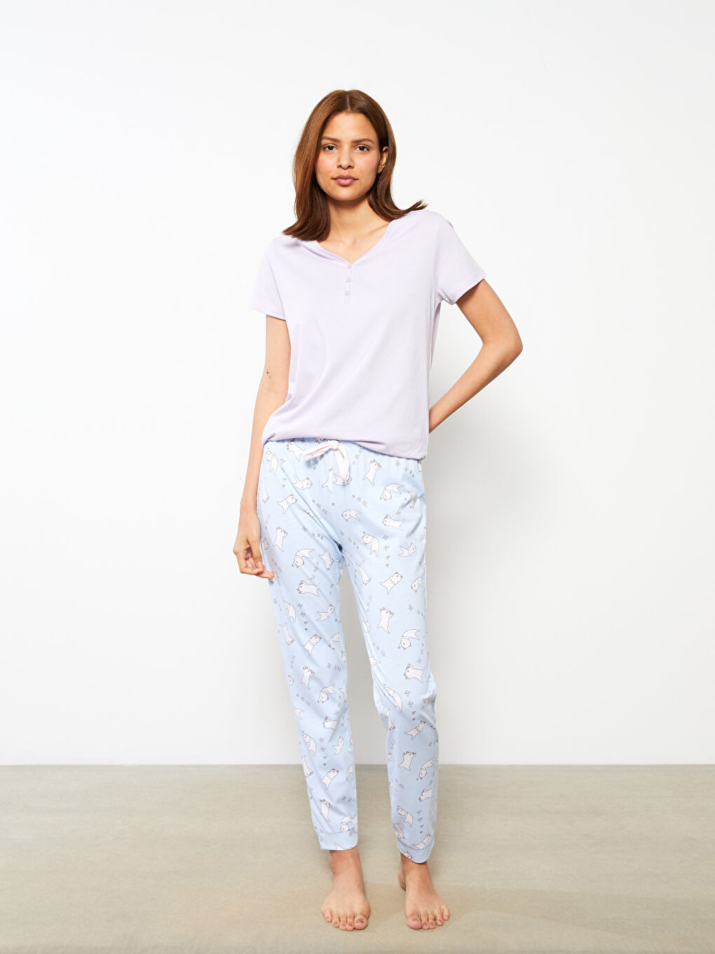 Mavi Beli Lastikli Desenli Pamuklu Kadın Jogger Pijama Altı-1