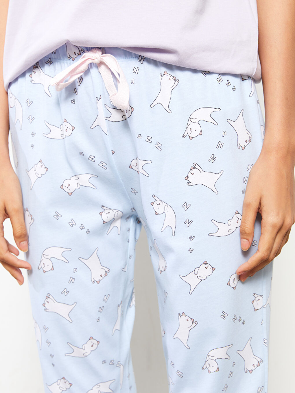 Mavi Beli Lastikli Desenli Pamuklu Kadın Jogger Pijama Altı-2