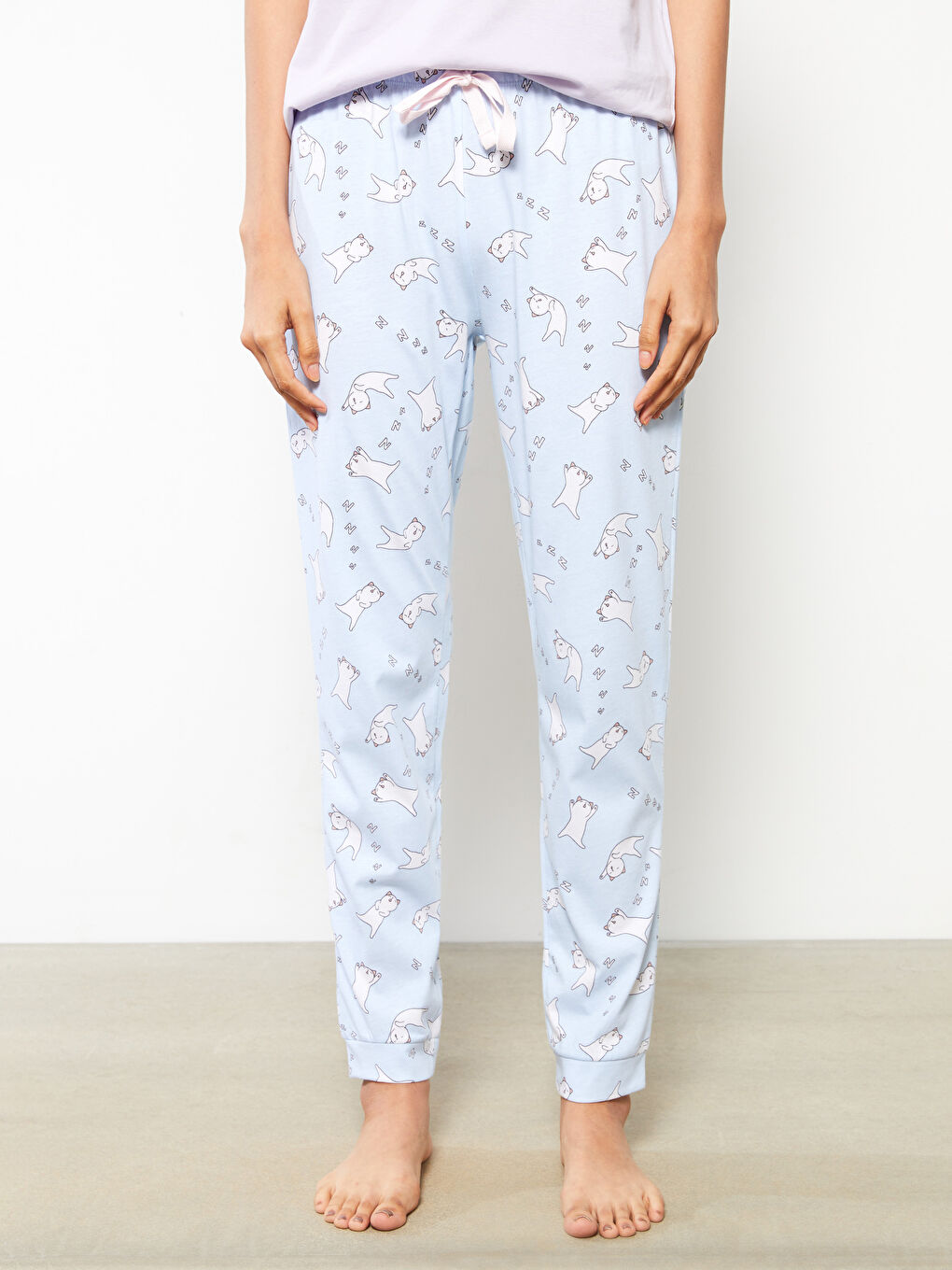 Mavi Beli Lastikli Desenli Pamuklu Kadın Jogger Pijama Altı-3