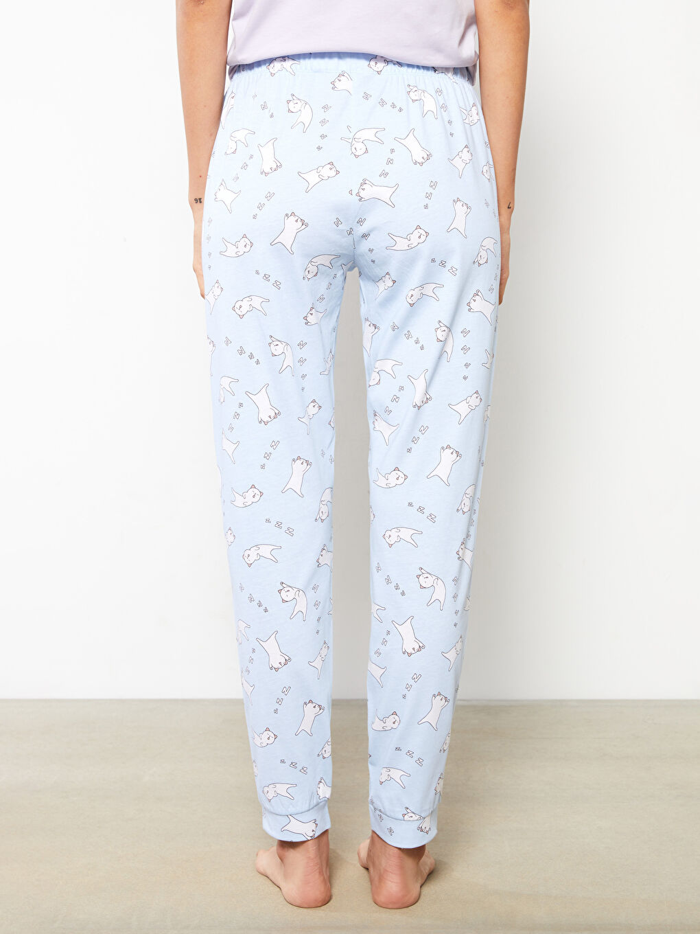 Mavi Beli Lastikli Desenli Pamuklu Kadın Jogger Pijama Altı-4