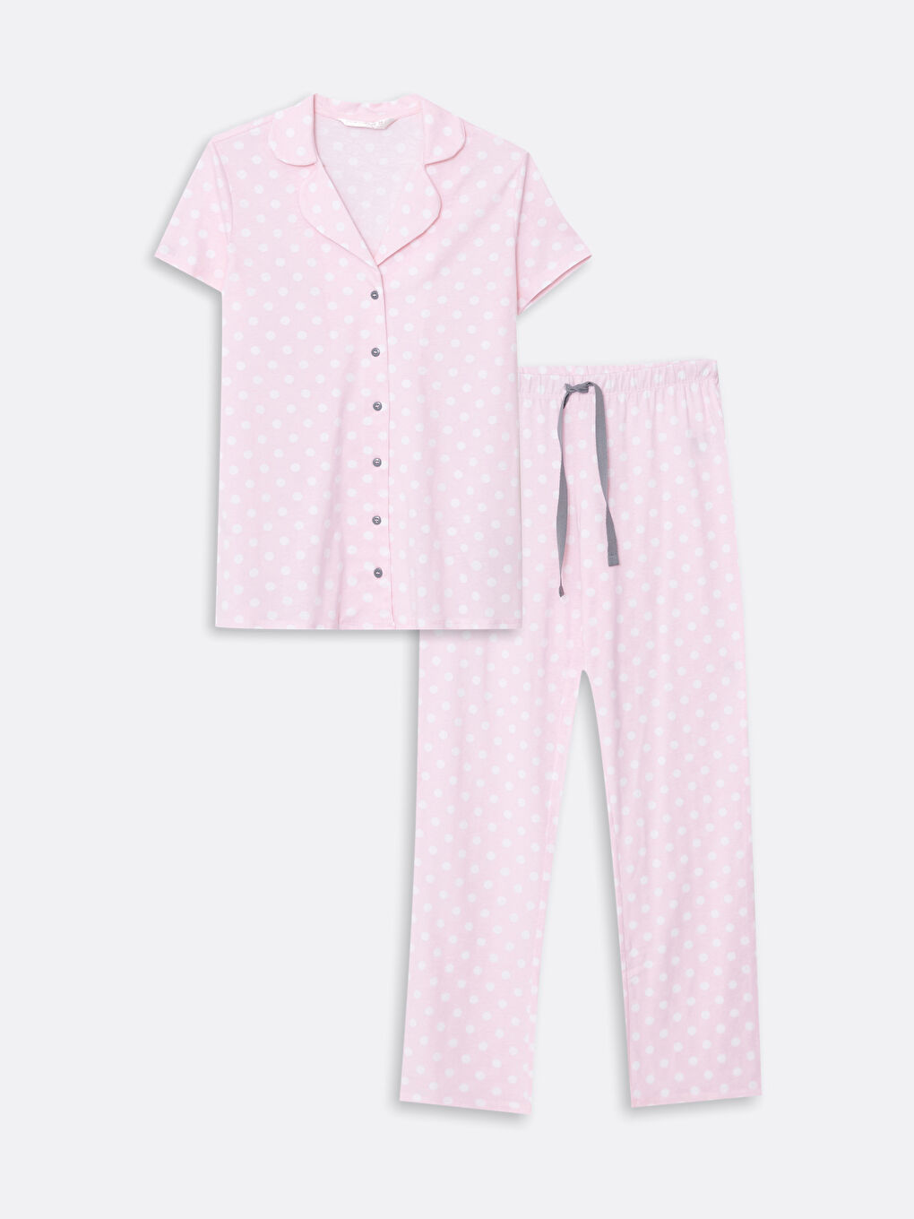 Pembe Gömlek Yaka Puantiyeli Kısa Kollu Pamuklu Kadın Pijama Takımı-5