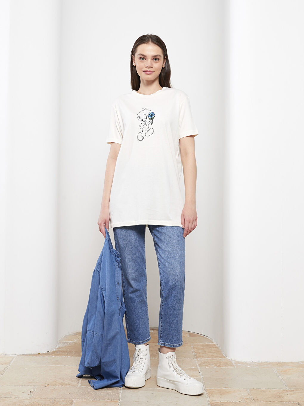 Crew Neck Tweety Printed Short Sleeve Cotton Women's Tunic