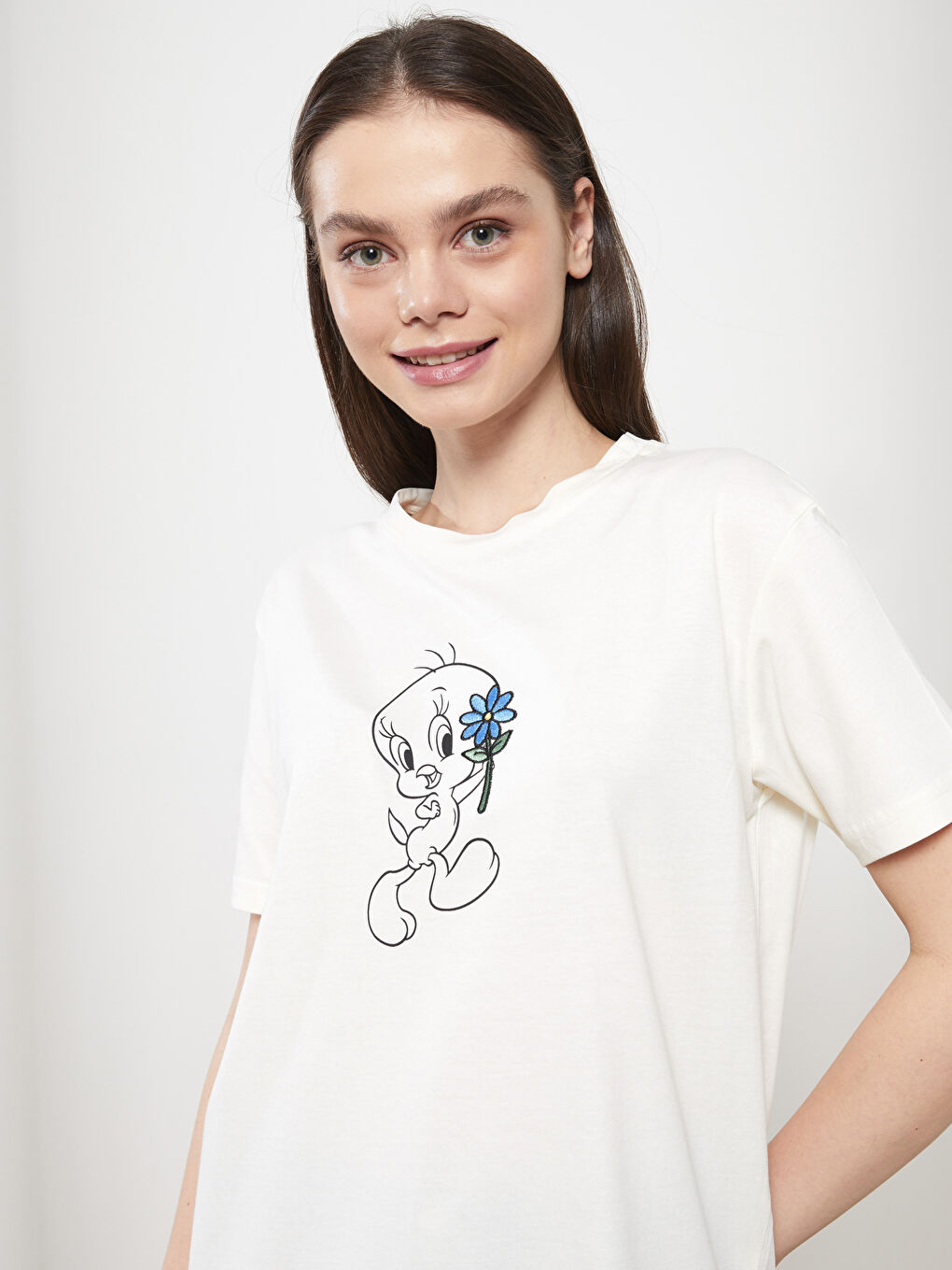 Crew Neck Tweety Printed Short Sleeve Cotton Women's Tunic-1