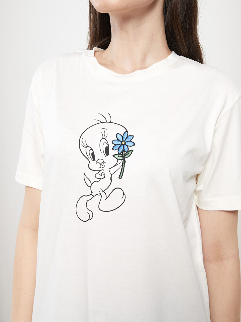 Crew Neck Tweety Printed Short Sleeve Cotton Women's Tunic-3