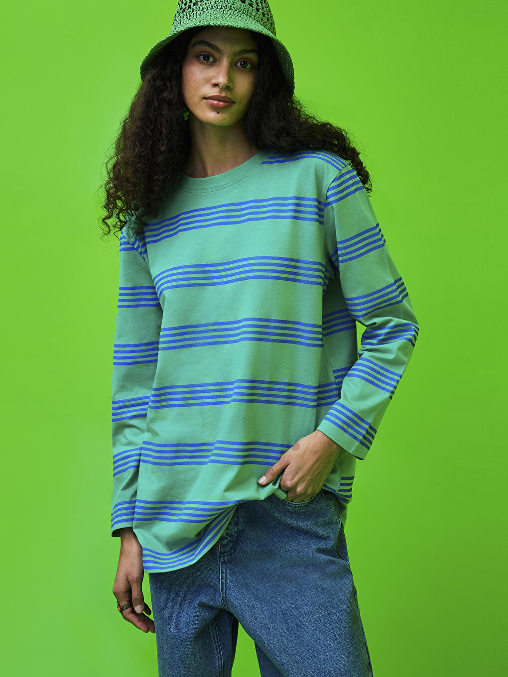 Crew Neck Striped Long Sleeve Women's Tunic