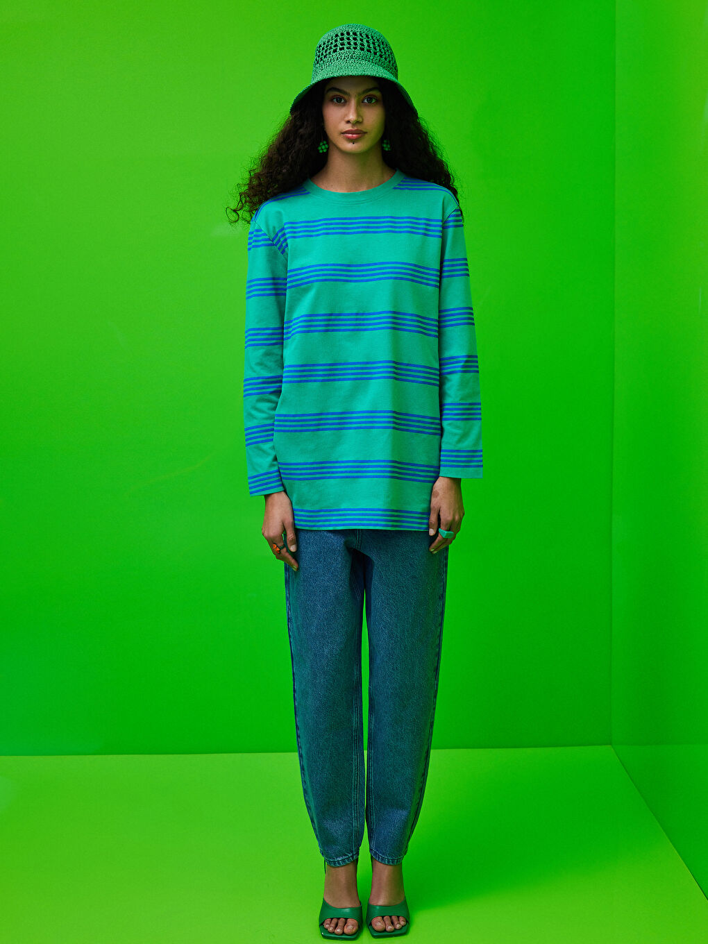 Crew Neck Striped Long Sleeve Women's Tunic-1