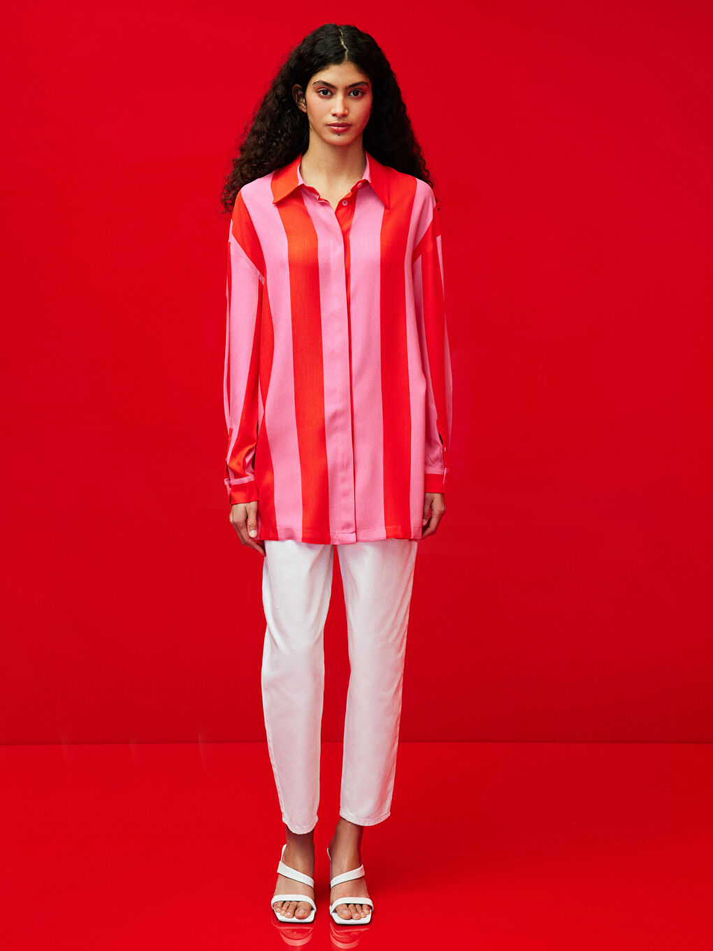 قميص للسيدات بأزرار أمامية، بلوك الألوان، كم طويل، واسع، فيسكوز