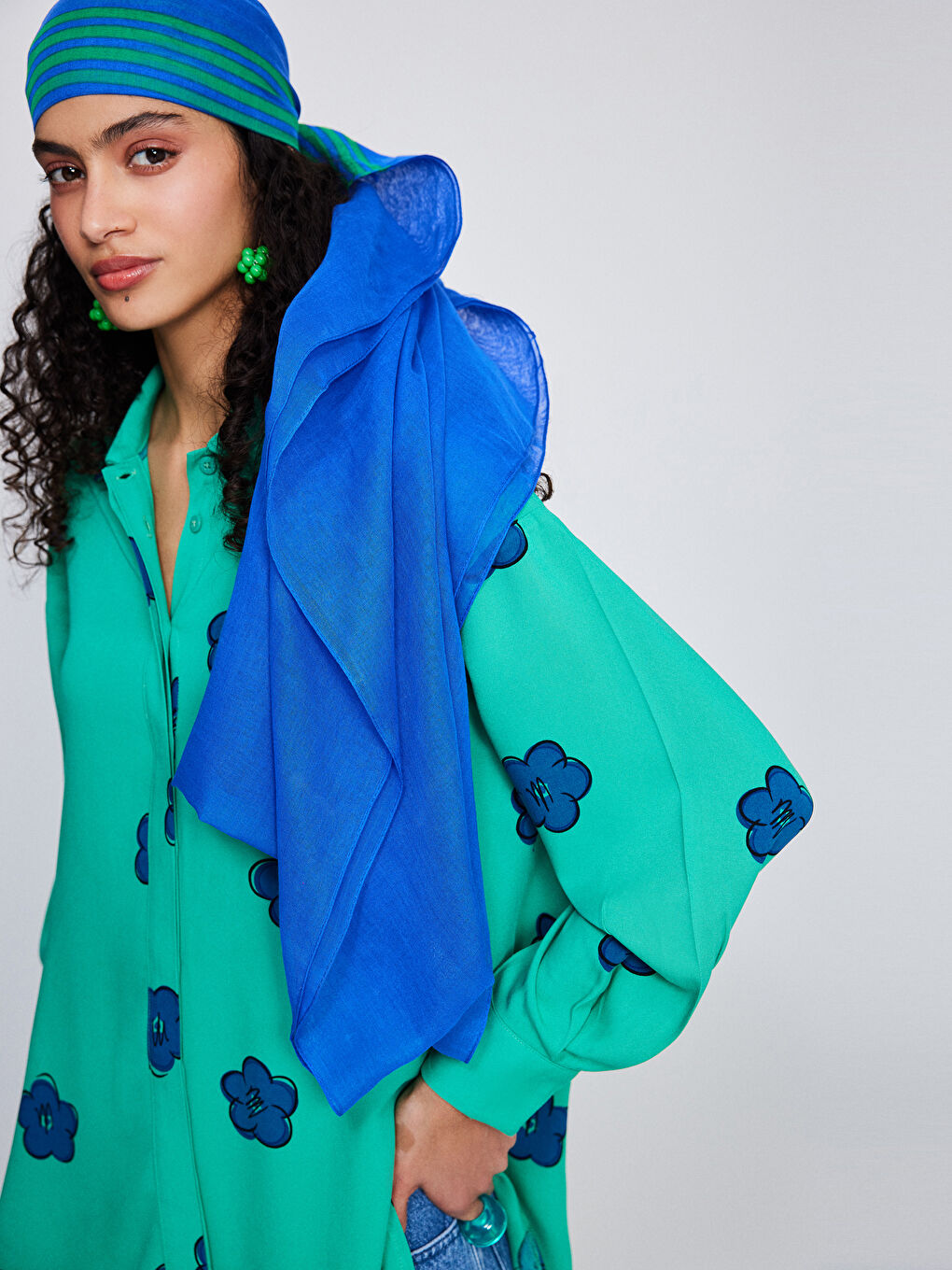 Front Button Closure Floral Long Sleeve Oversize Viscose Women's Shirt-1