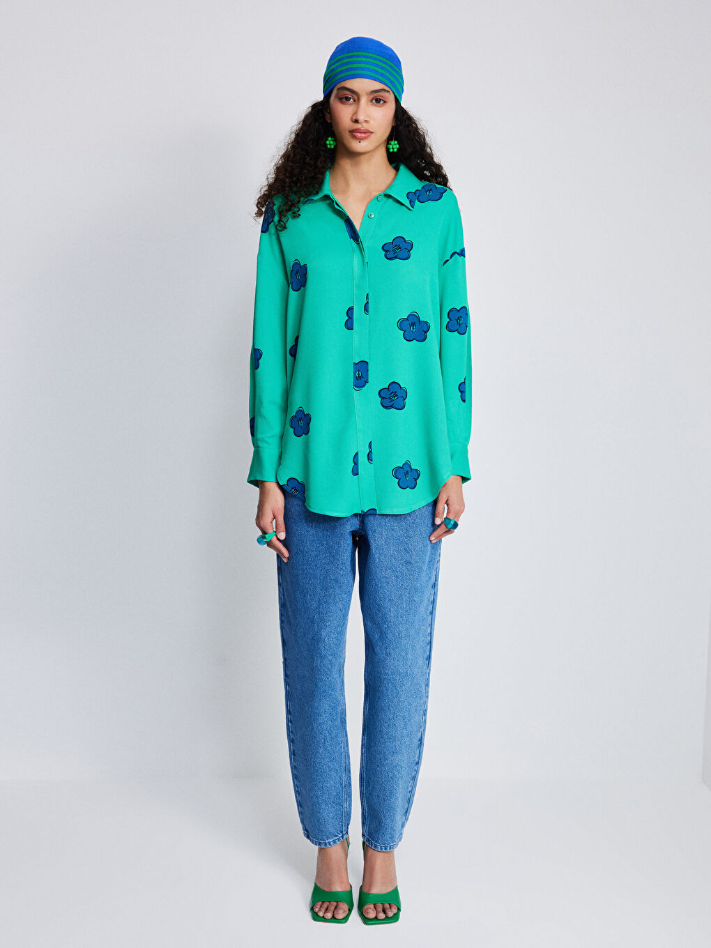 Front Button Closure Floral Long Sleeve Oversize Viscose Women's Shirt-2