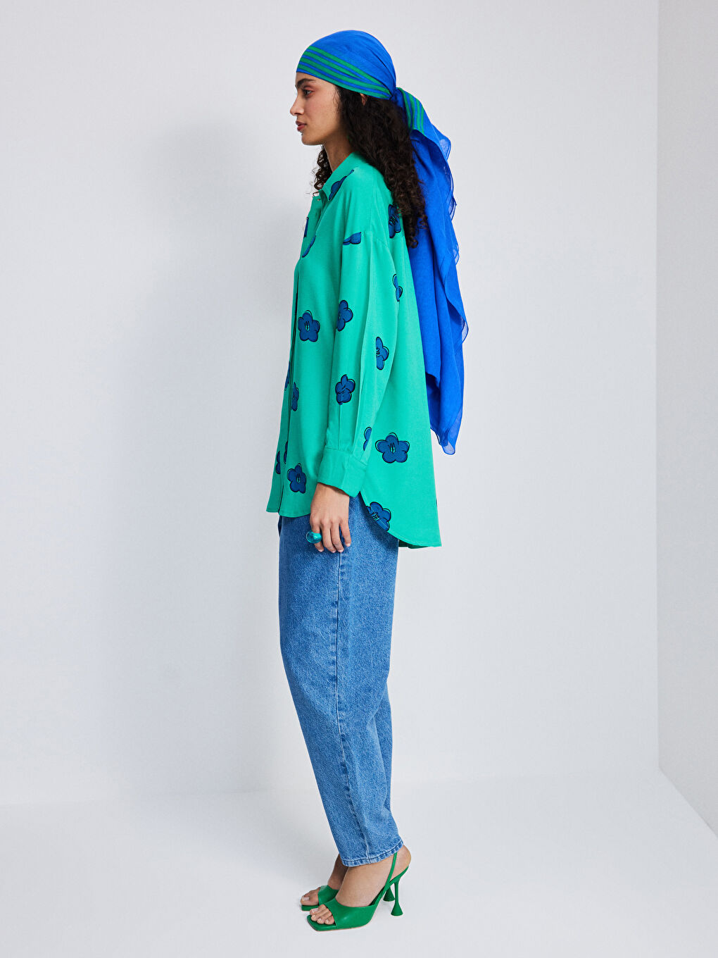 Front Button Closure Floral Long Sleeve Oversize Viscose Women's Shirt-3