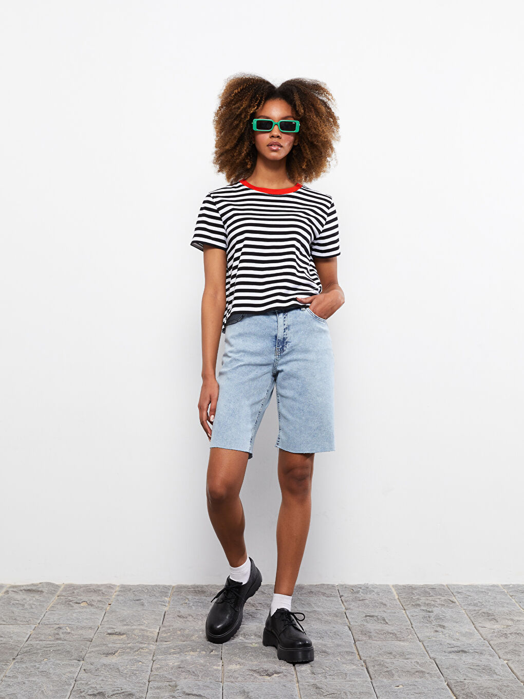 Crew Neck Striped Short Sleeve Cotton Women's T-Shirt -S2IR13Z8-LEG