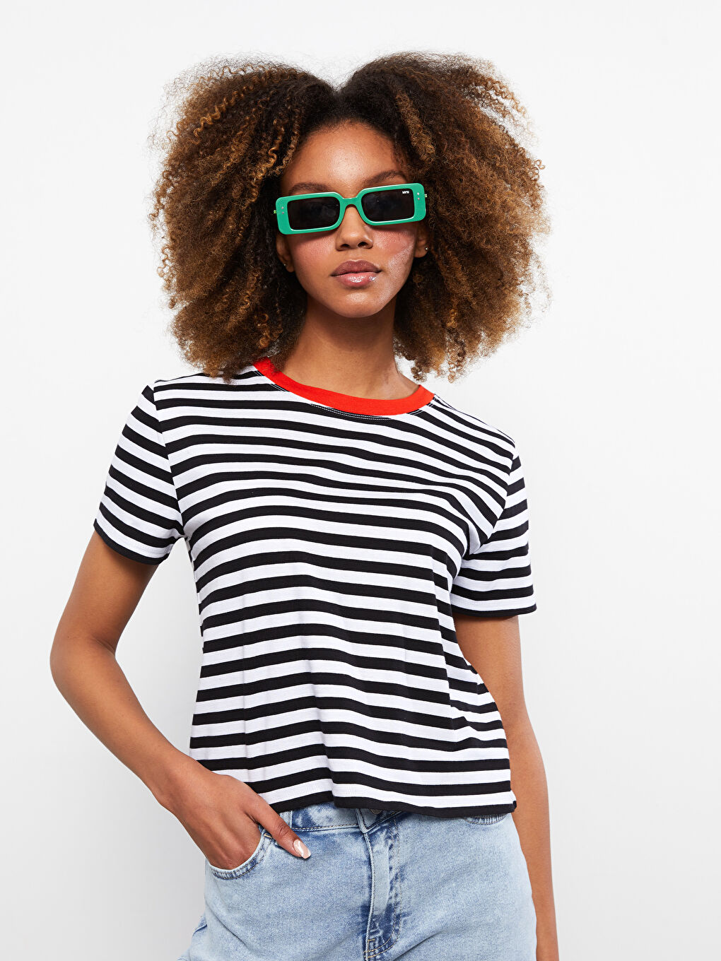 Crew Neck Striped Short Sleeve Cotton Women's T-Shirt -S2IR13Z8-LEG