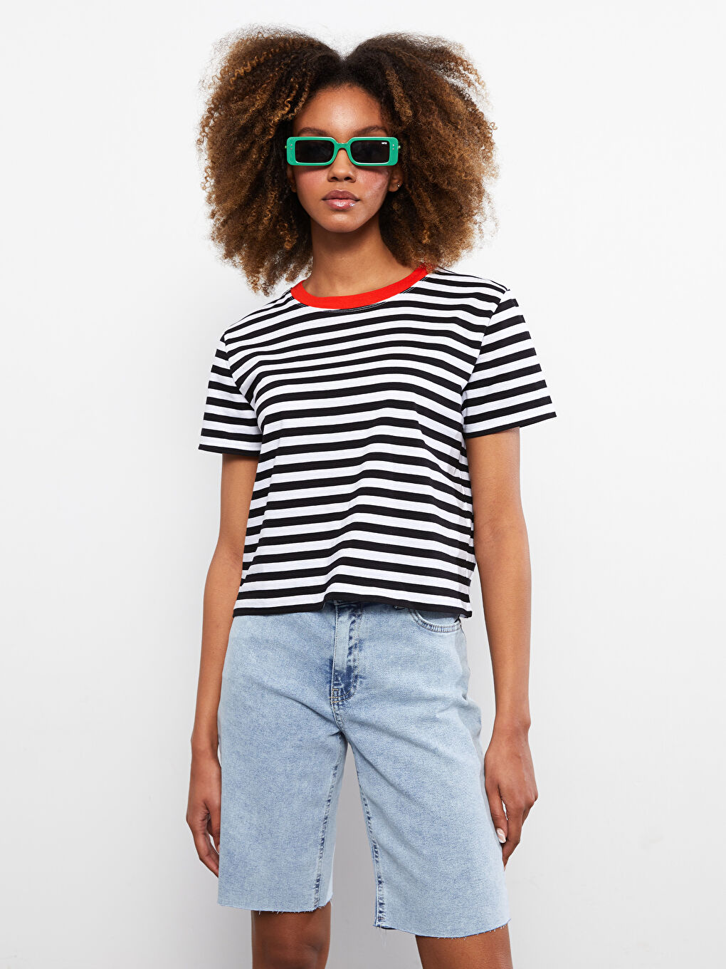 Crew Neck Striped Short Sleeve Cotton Women's T-Shirt -S2IR13Z8-LEG
