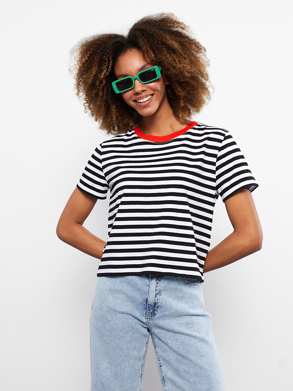 Crew Neck Striped Short Sleeve Cotton Women's T-Shirt -S2IR13Z8-LEG