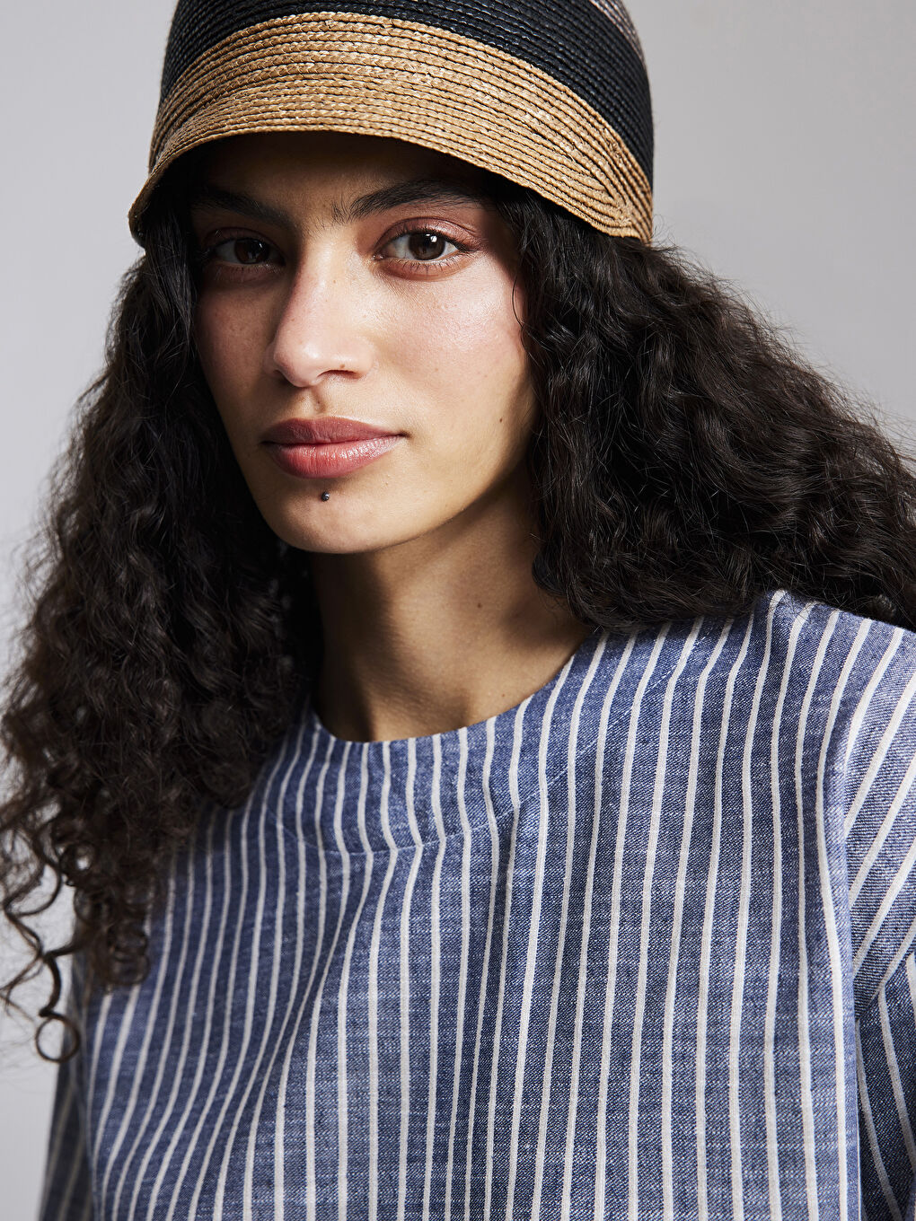 Mavi Bisiklet Yaka Çizgili Uzun Kollu Oversize Kadın Bluz