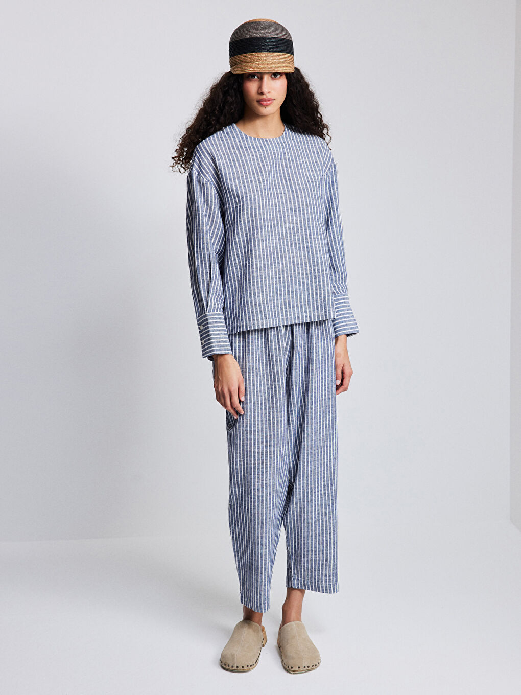 Mavi Bisiklet Yaka Çizgili Uzun Kollu Oversize Kadın Bluz-1